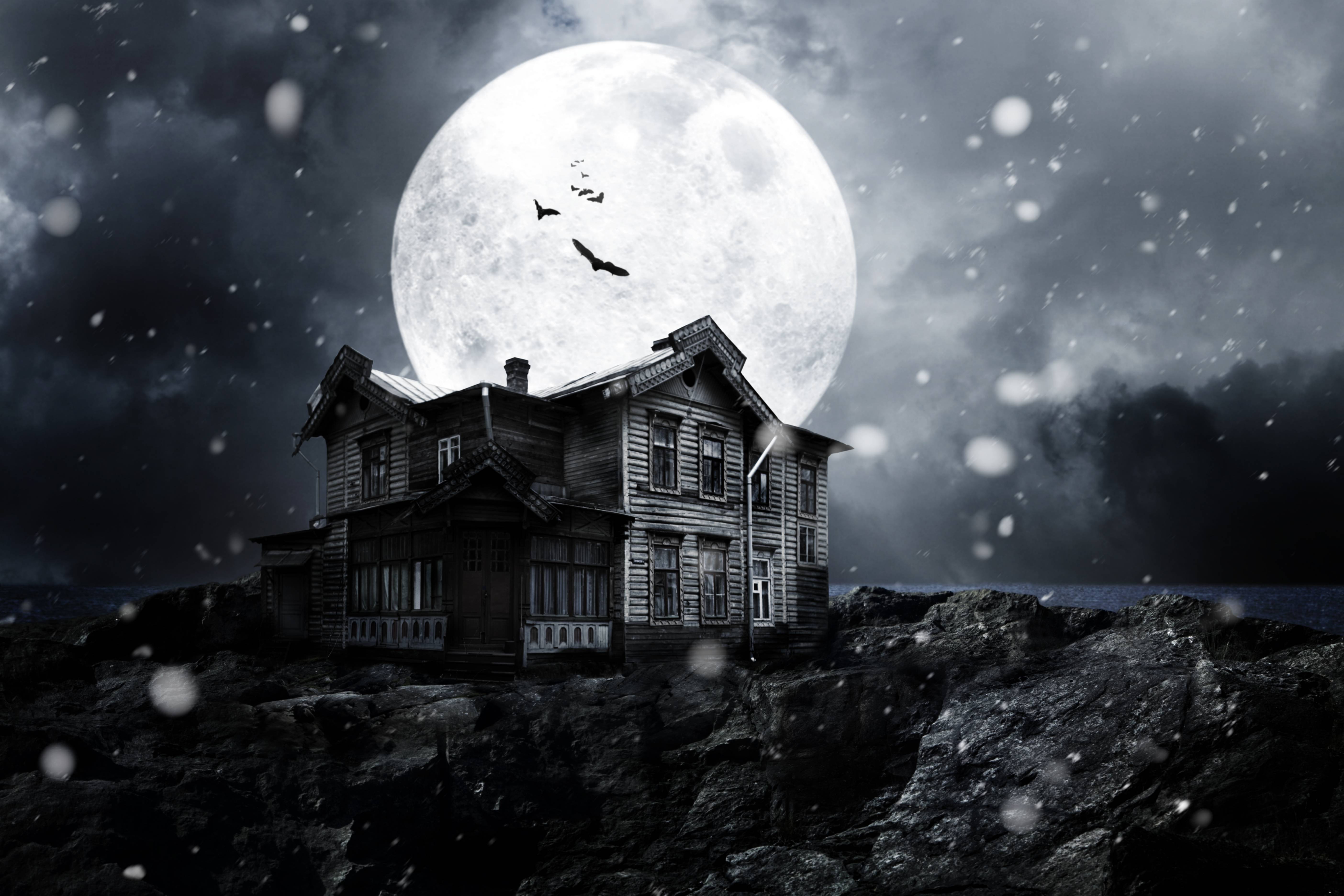 Download wallpaper haunted house, full moon, moonlight, Bats free