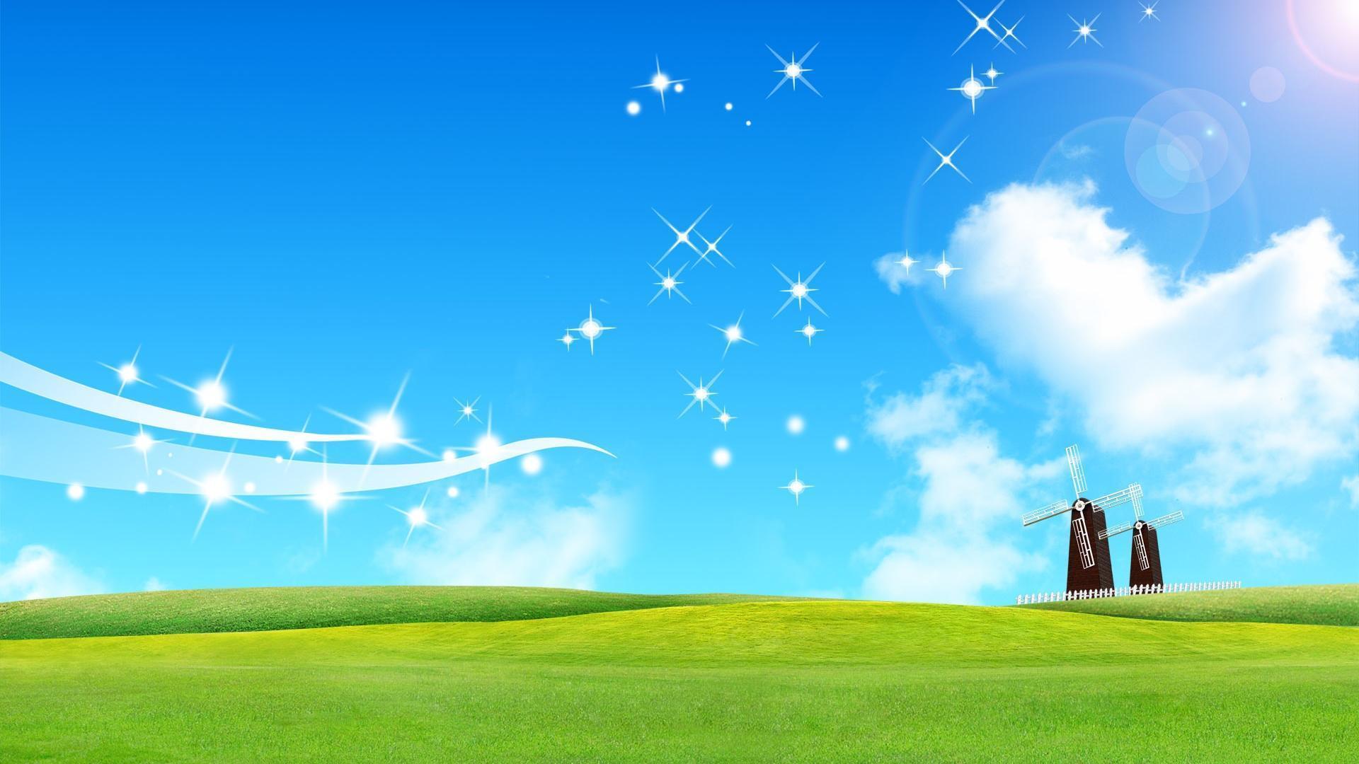 Hd Beautiful Cartoon Blue Sky And Grassland Background Widescreen