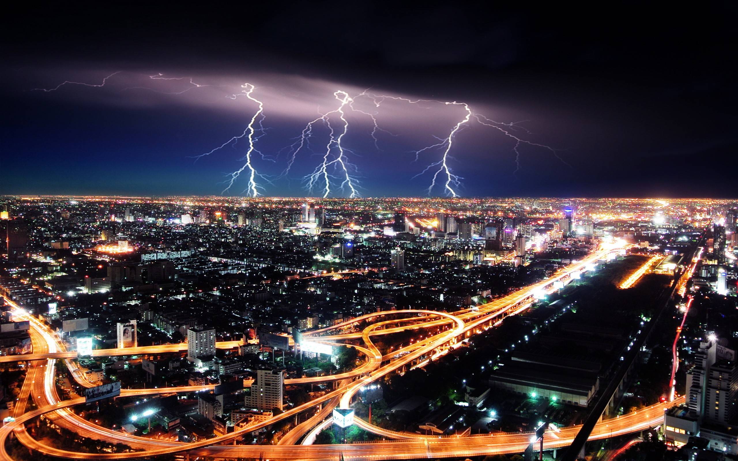 The Image of Night Lights Storm Lightning Cities HD Wallpaper