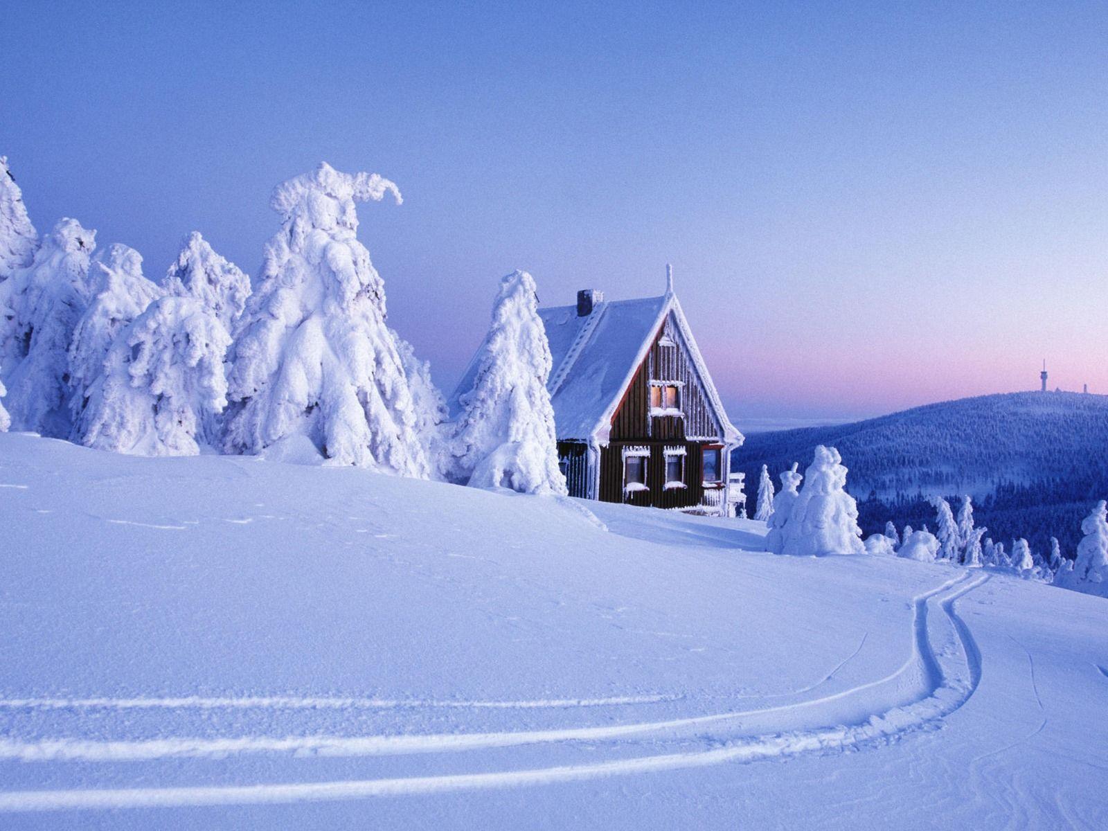 New Winter Cabin Christmas Scene Log Deep Snow Wallpaper, HQ