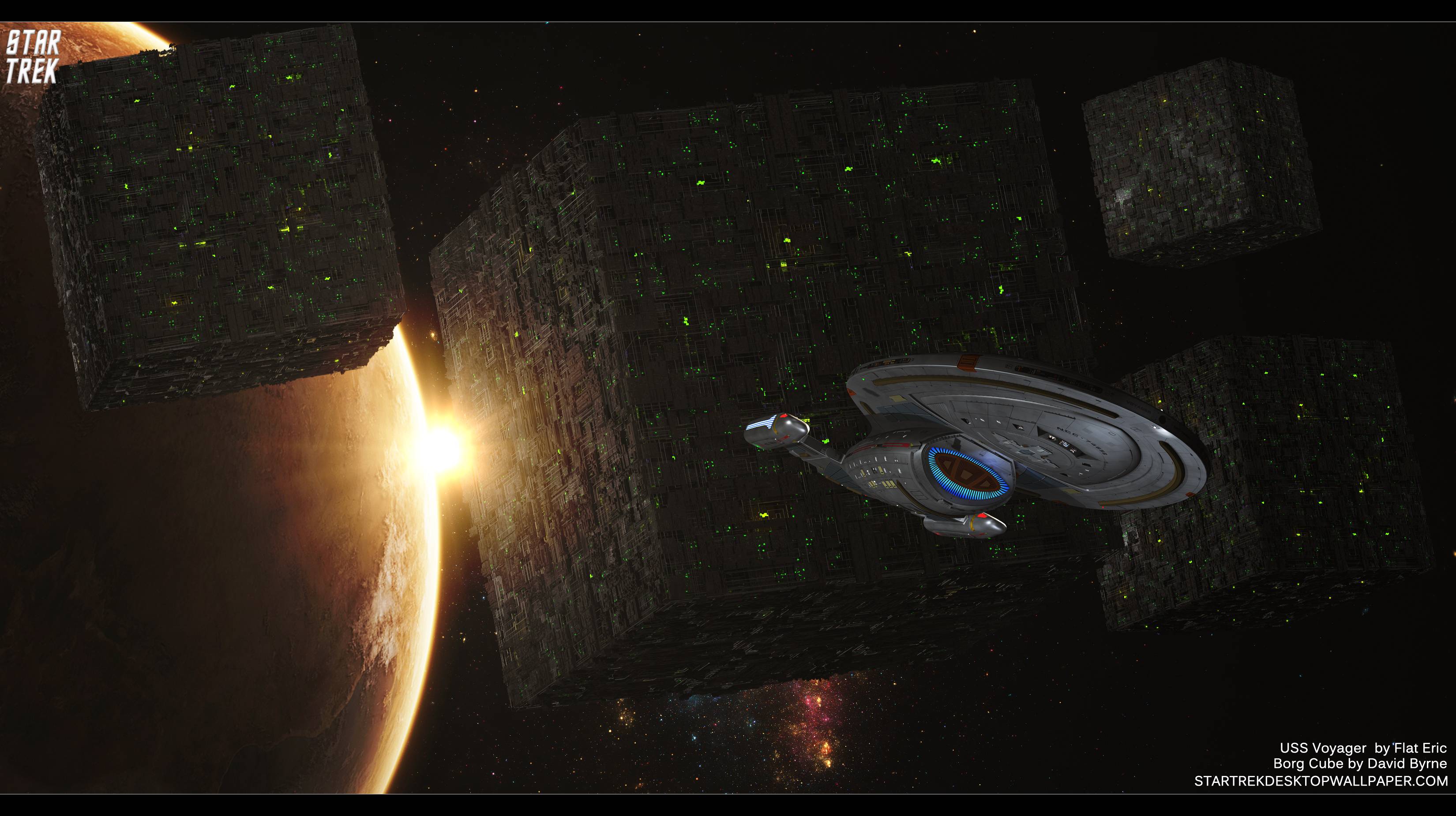 Star Trek Borg Cube And USS Voyager, free Star Trek computer