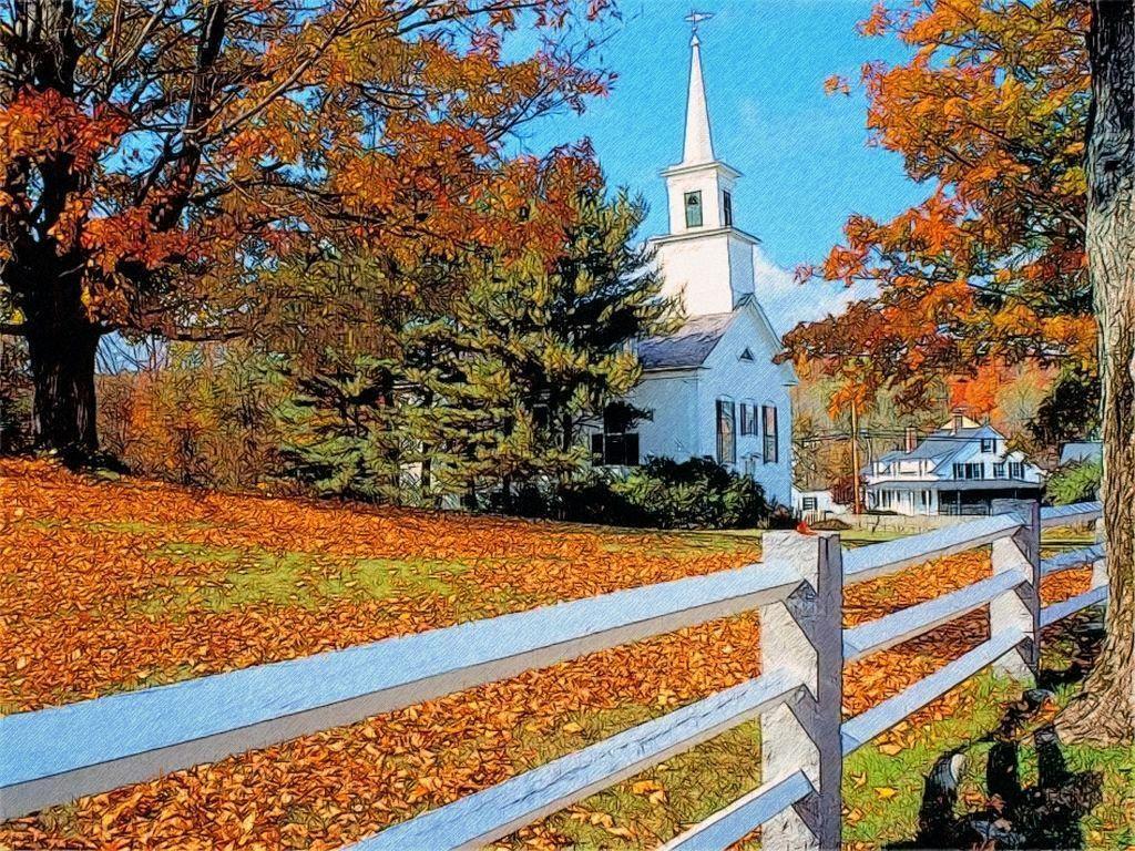 1024x768 Church In Fall Splendor New England By T Douglas Painting