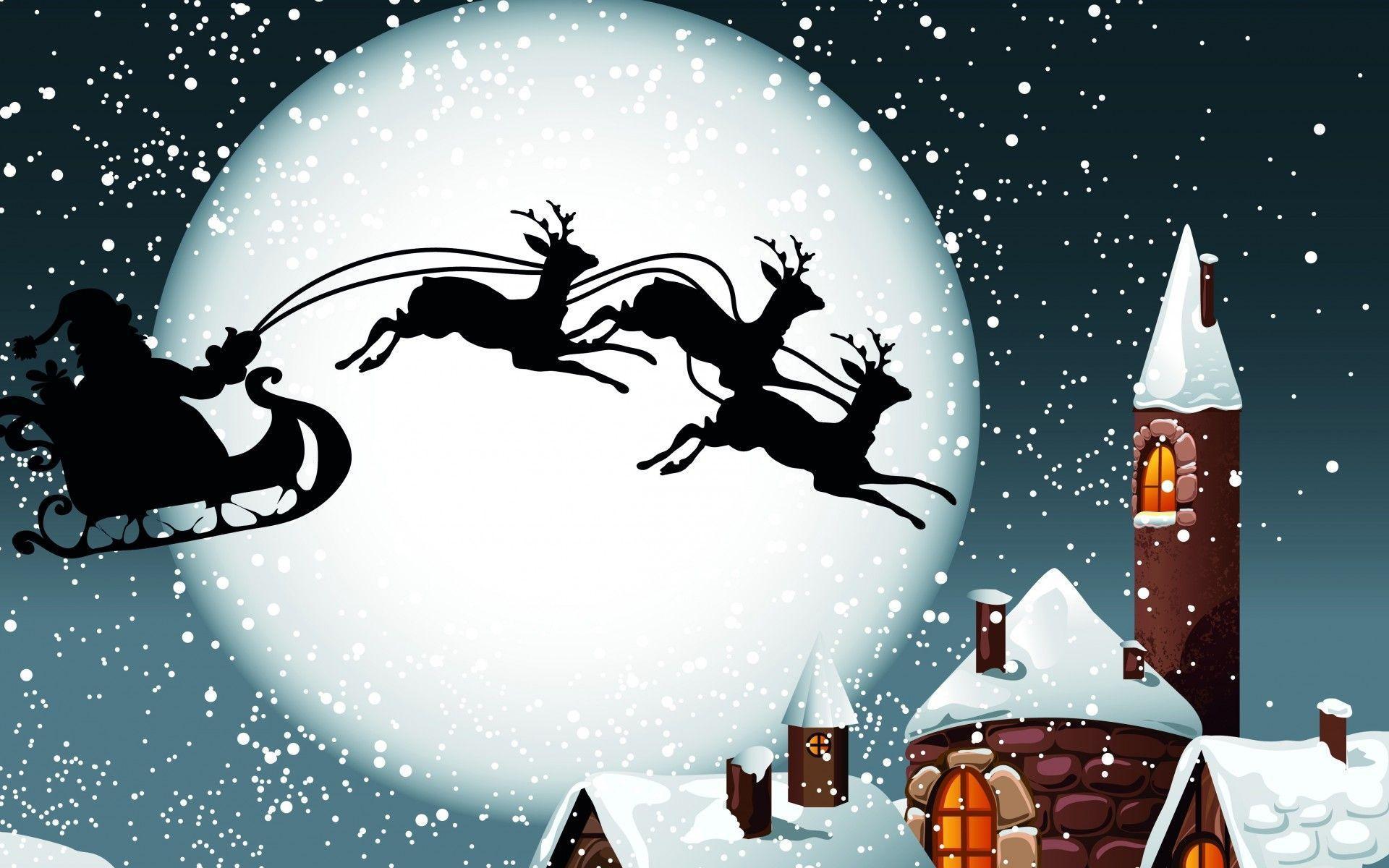 Holidays Christmas Reindeer Sleigh Santa Claus Wallpaper Photo