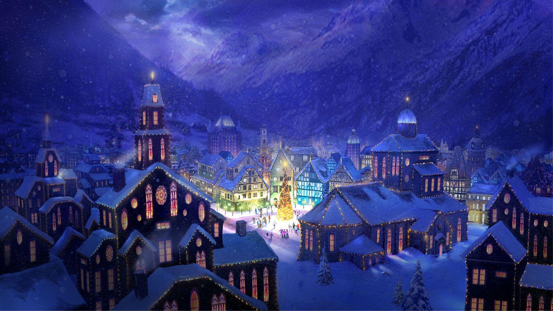 Snowy Christmas Town Art Computer Background Wallpaper
