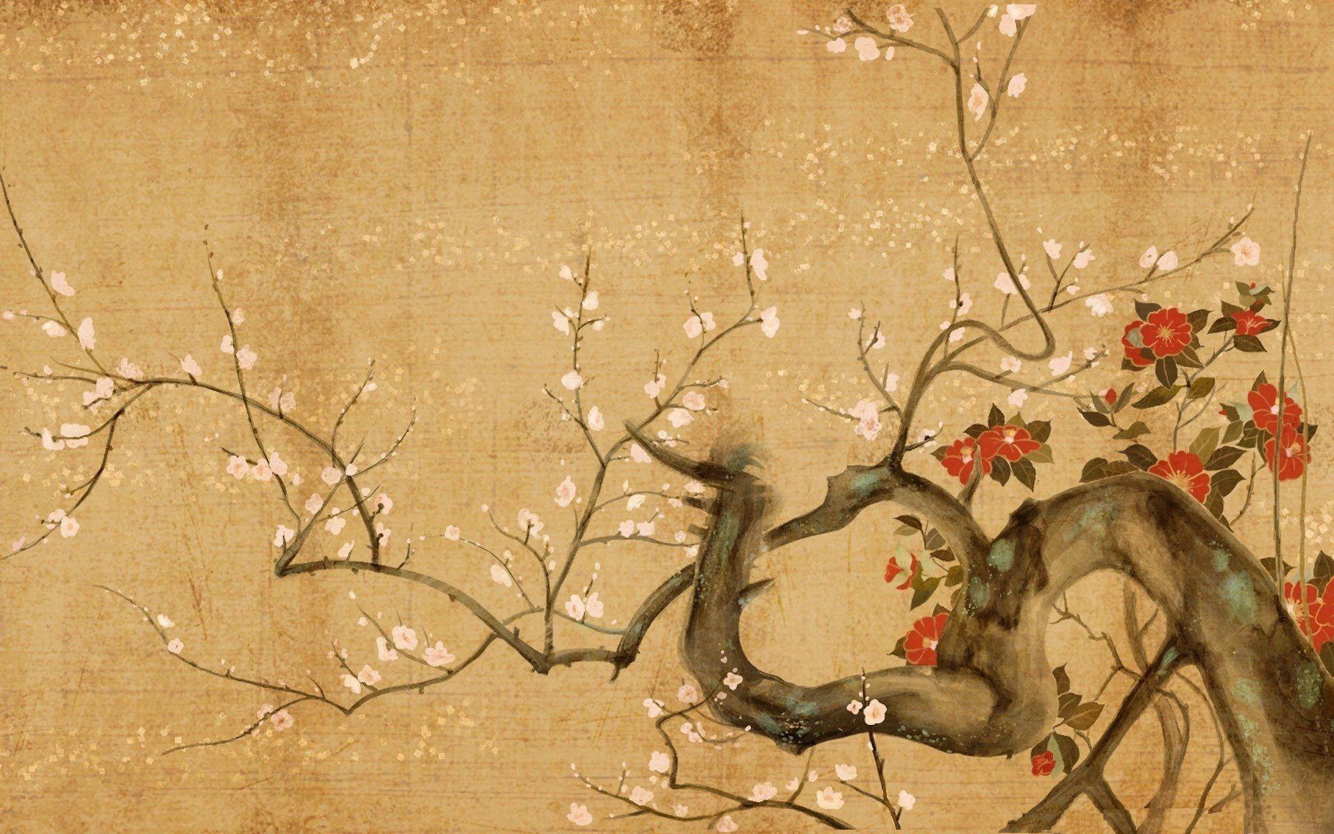 Japanese Flowers Art Wallpaper Painting
