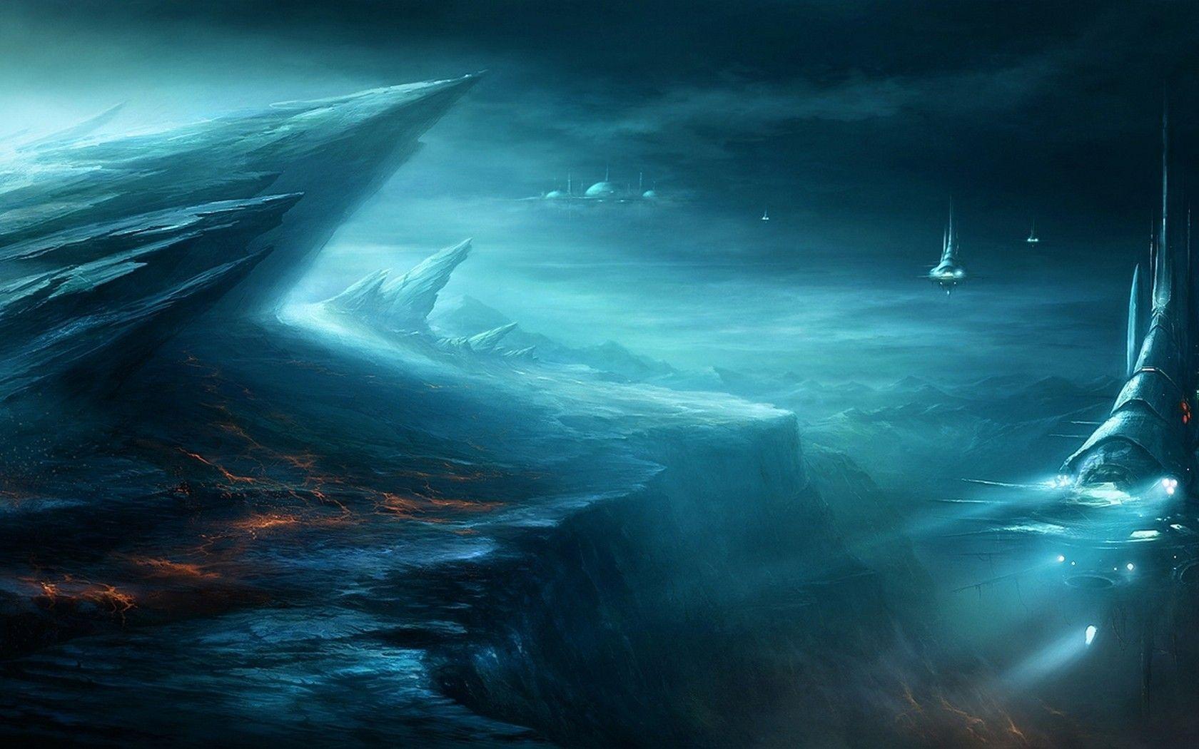 Spaceship, Drawing, Alien Landscape, Blue desktop background