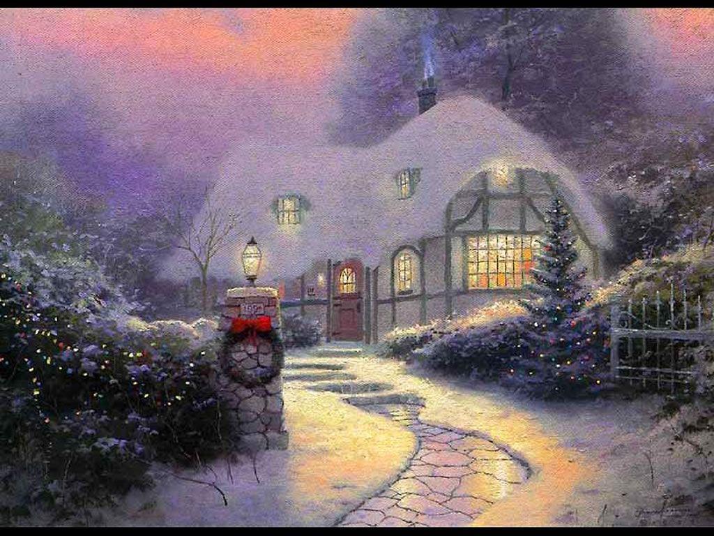 Christmas Cottage Winter Scenes Wallpaper Image