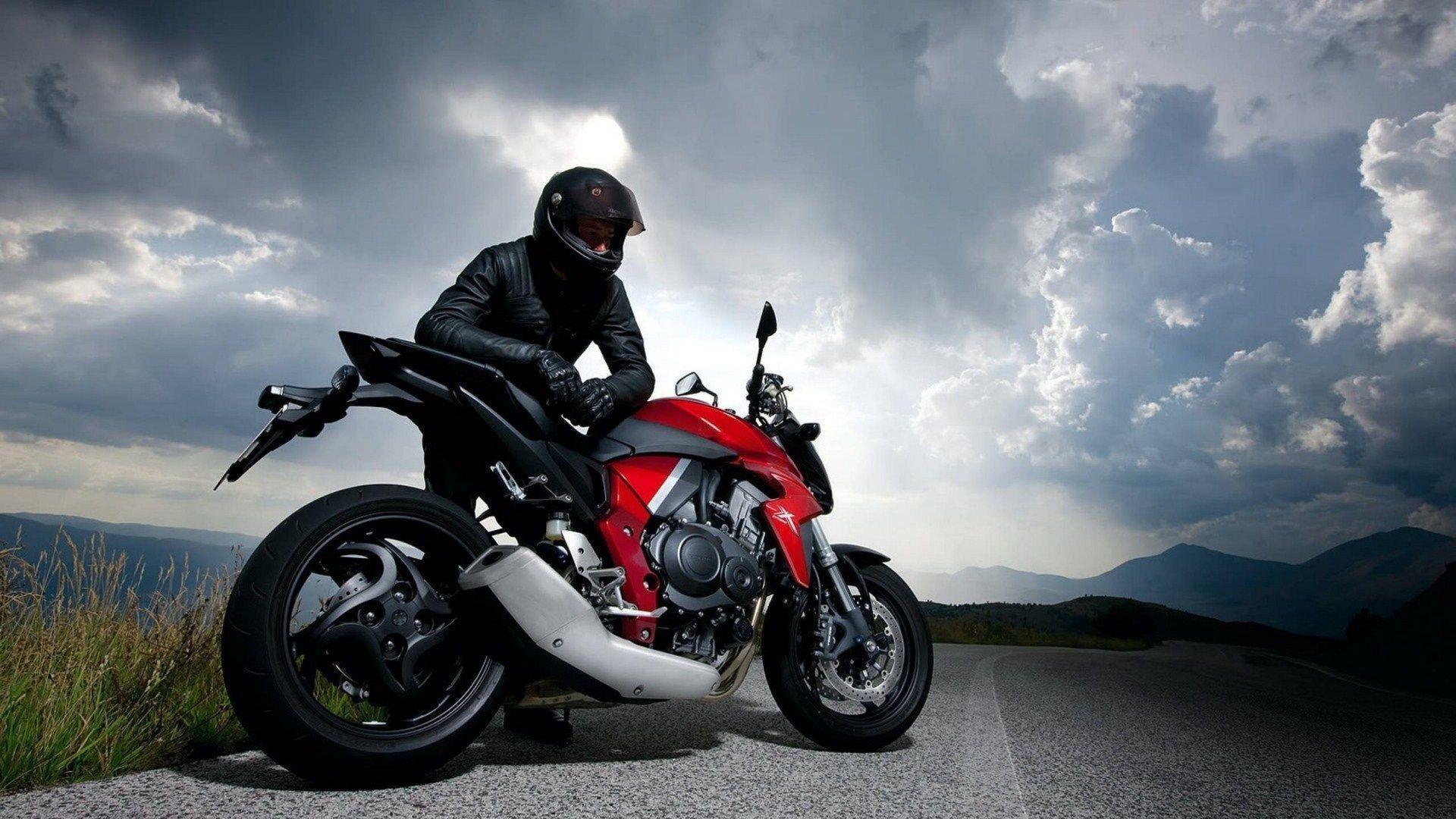 biker black suit honda cb1000r cloudy sky wide HD wallpaper