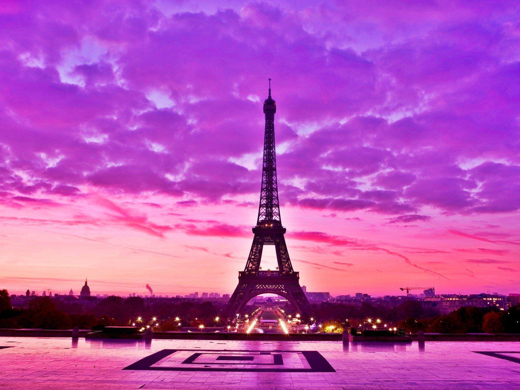 Pink Paris Eiffel Tower at Night