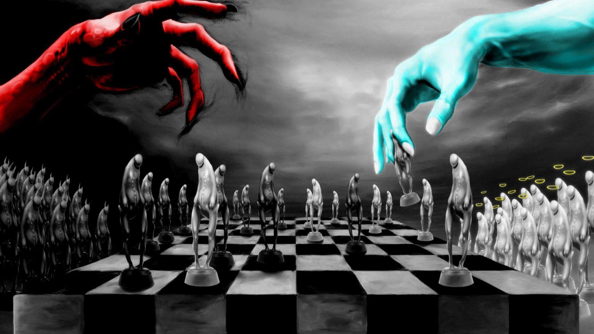 God Vs Devill Playing Chess HD Wallpaper 1920x1080
