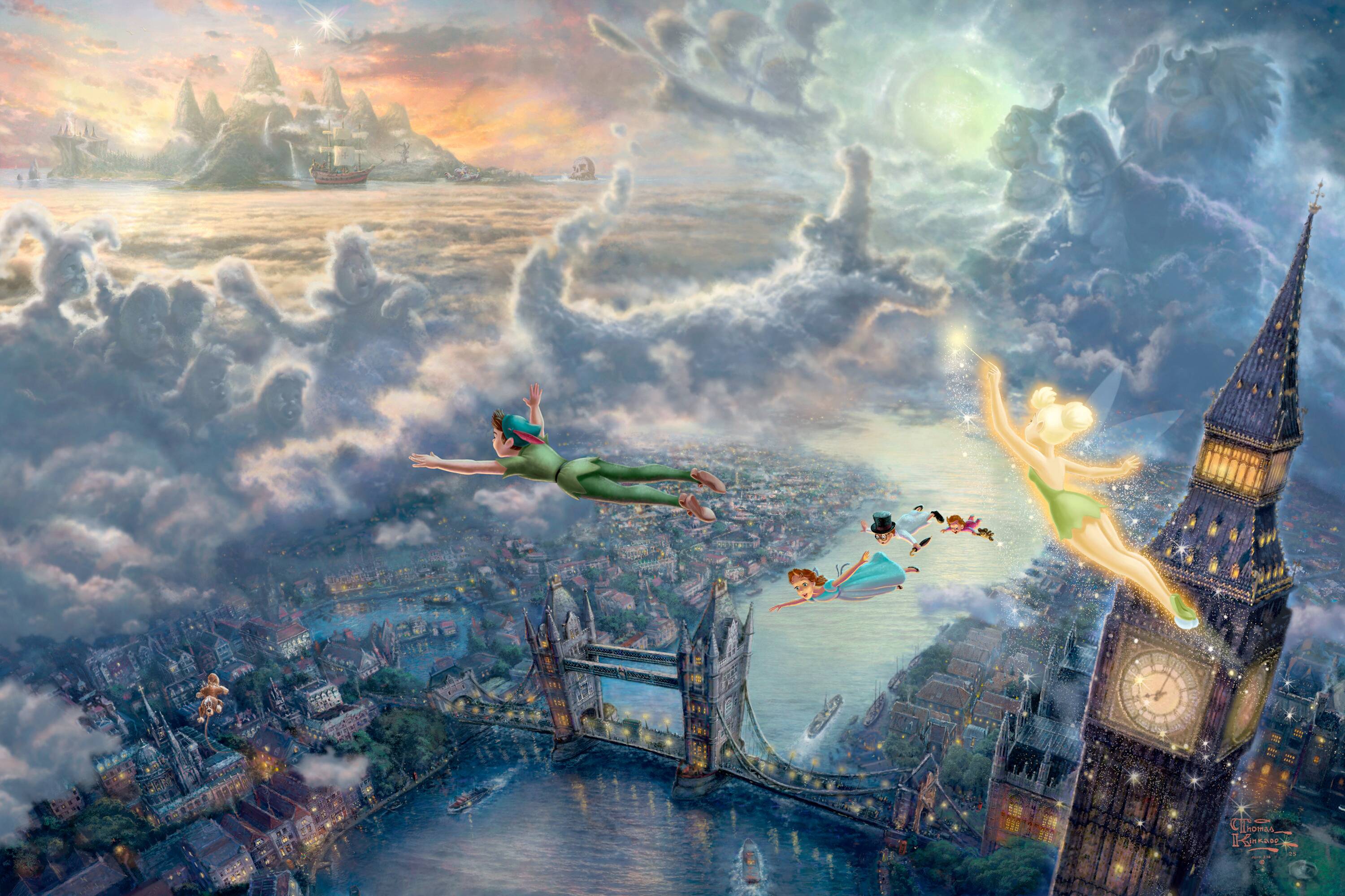 Thomas Kinkade Wallpaper, Tinkerbell and Peter Pan fly to