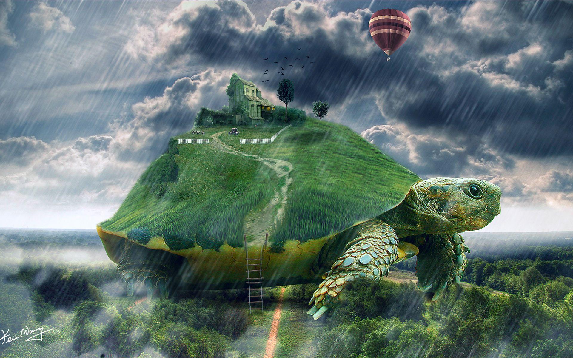 Fantasy art surreal dream balloon sky clouds islands turtle