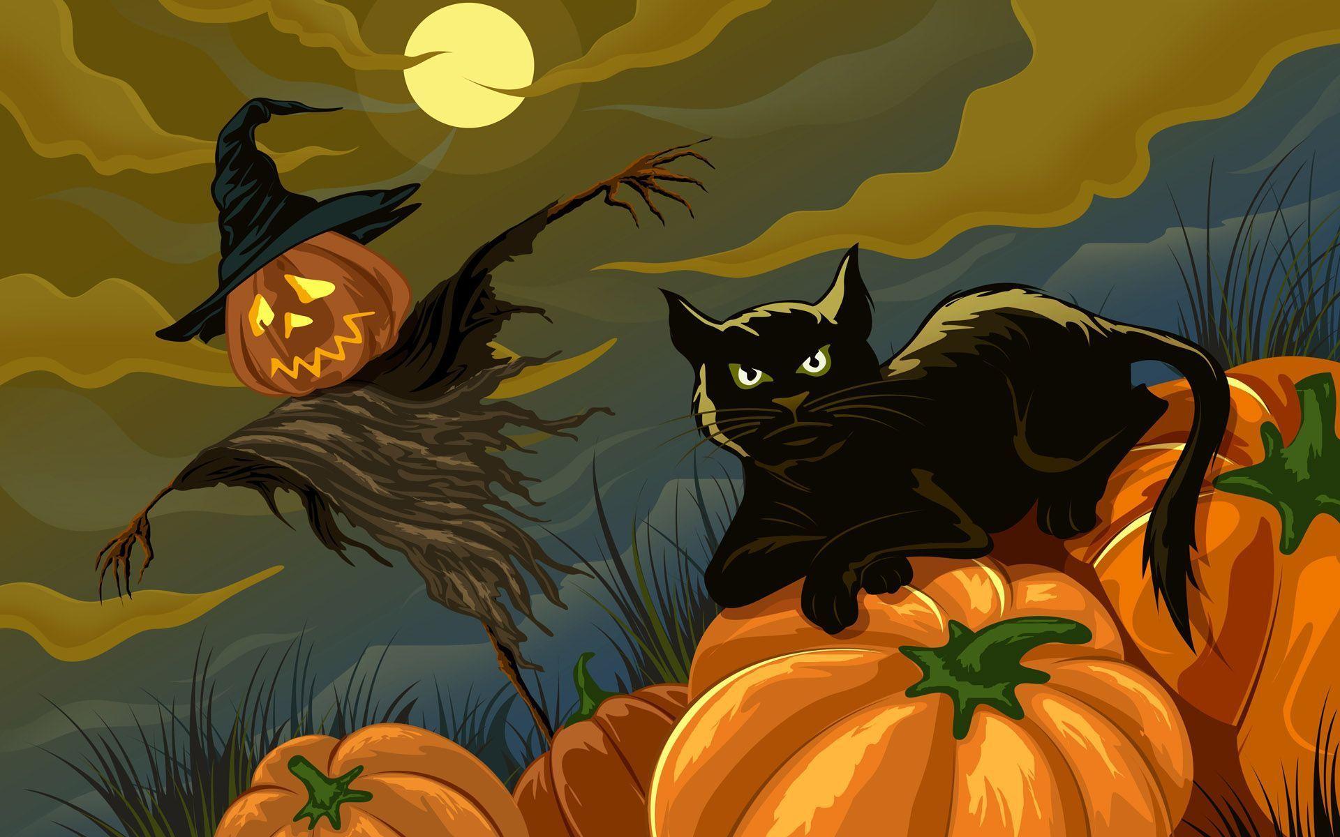 Halloween Illustration Wallpaper Cat & Jack O Lanterns