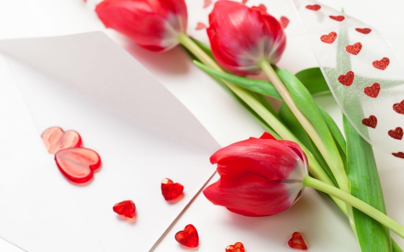 Hearts red tulips Wallpaper