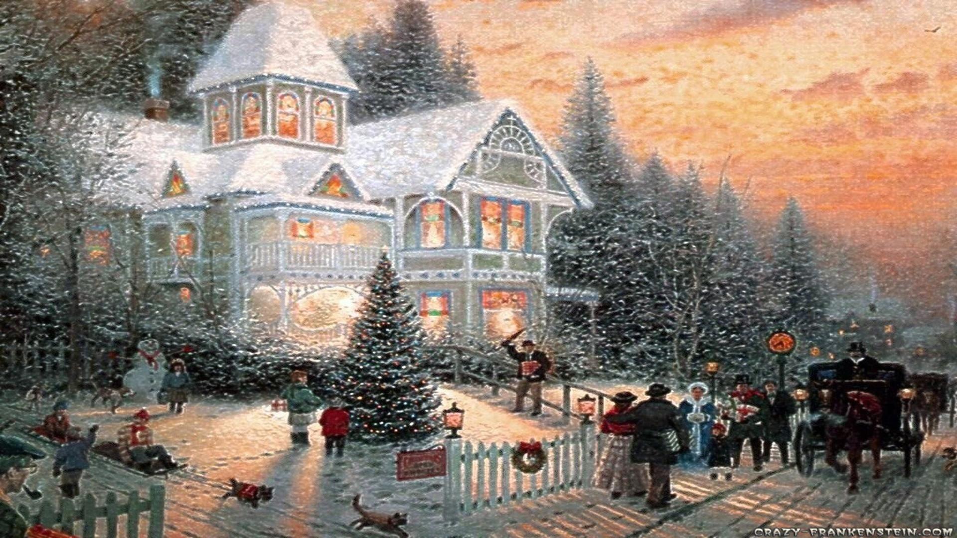 Christmas scene near house happy Christmas greeting card free