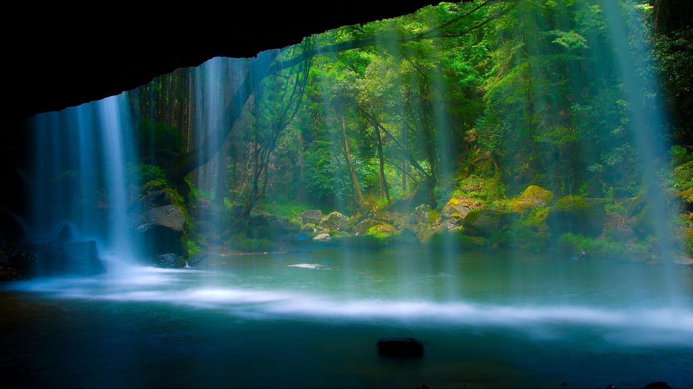 Nice waterfall desktop background picture of the sun 1366x768
