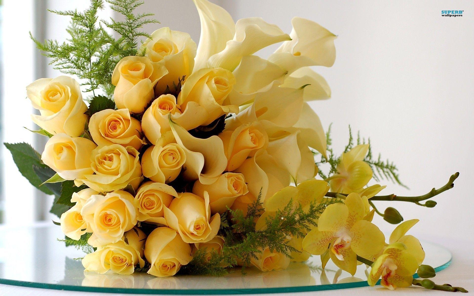 Yellow roses, calla lilies and orchids wallpaper