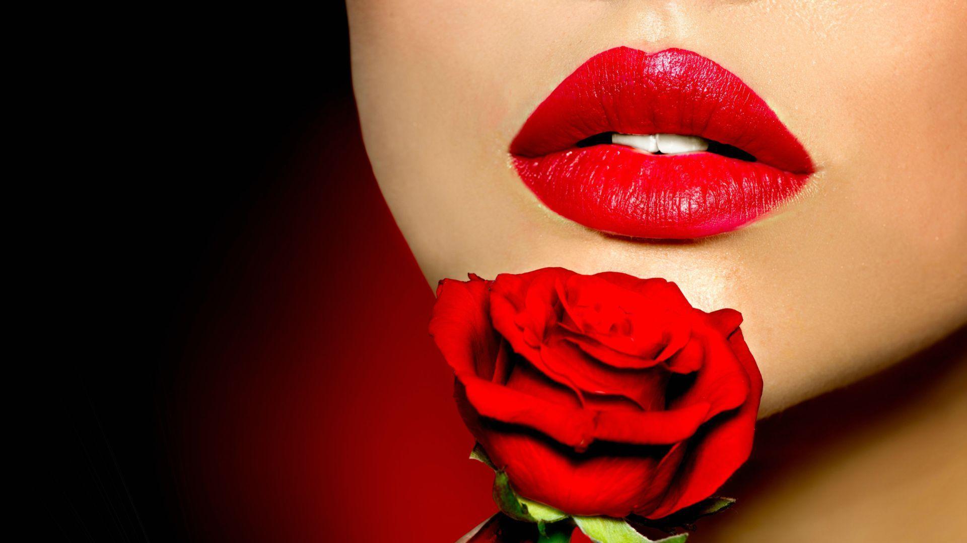 Wallpaper Desktop HD of Beauty Red Lips With Rose