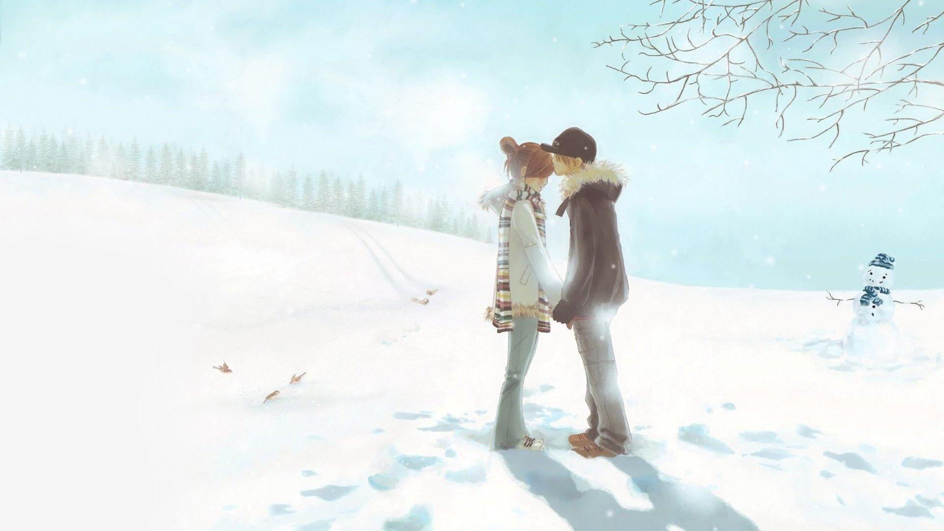 Snow Cute Couple Anime HD Free Wallpaper