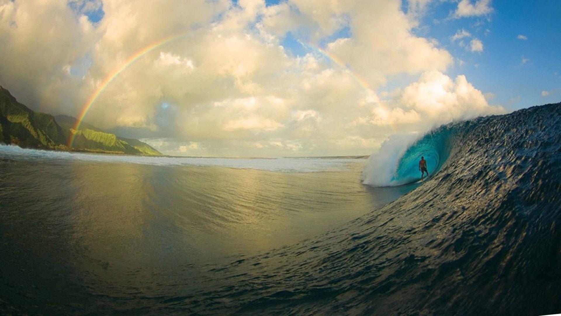 Water Beach Waves Surfing Rainbows Cloud Fresh New HD Wallpaper