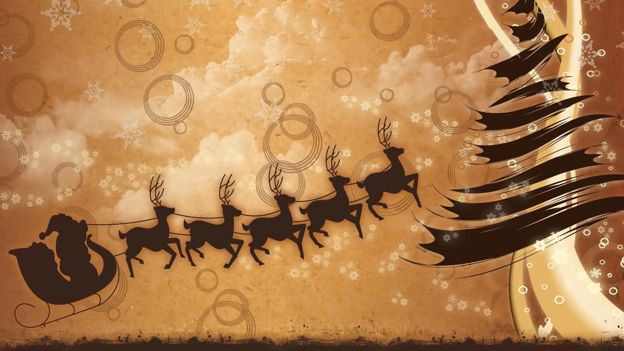 Christmas Tree Flying Sledge Reindeer and Santa Claus HD Wallpaper