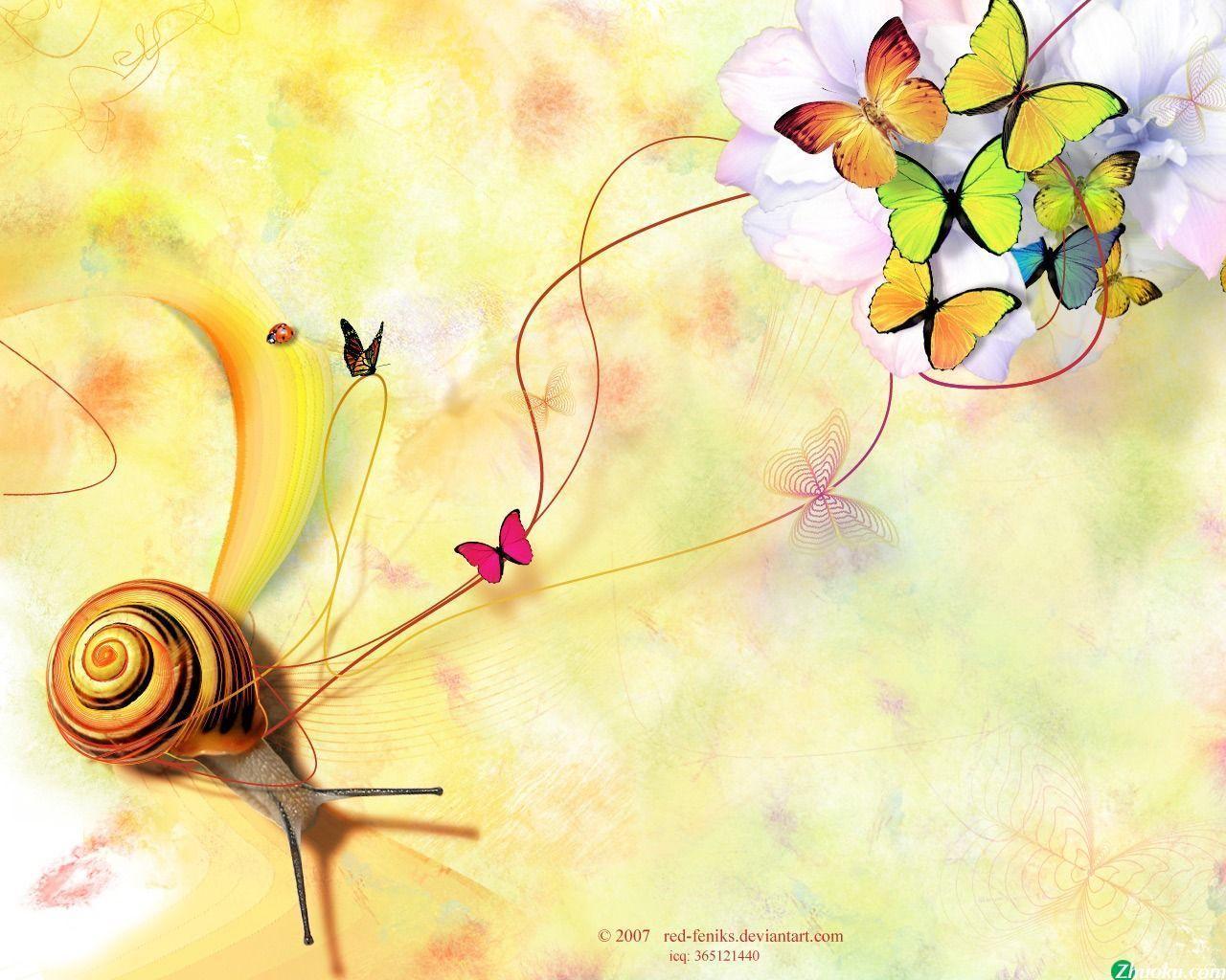 Snail & Butterflies Wallpaper Wallpaper 35568