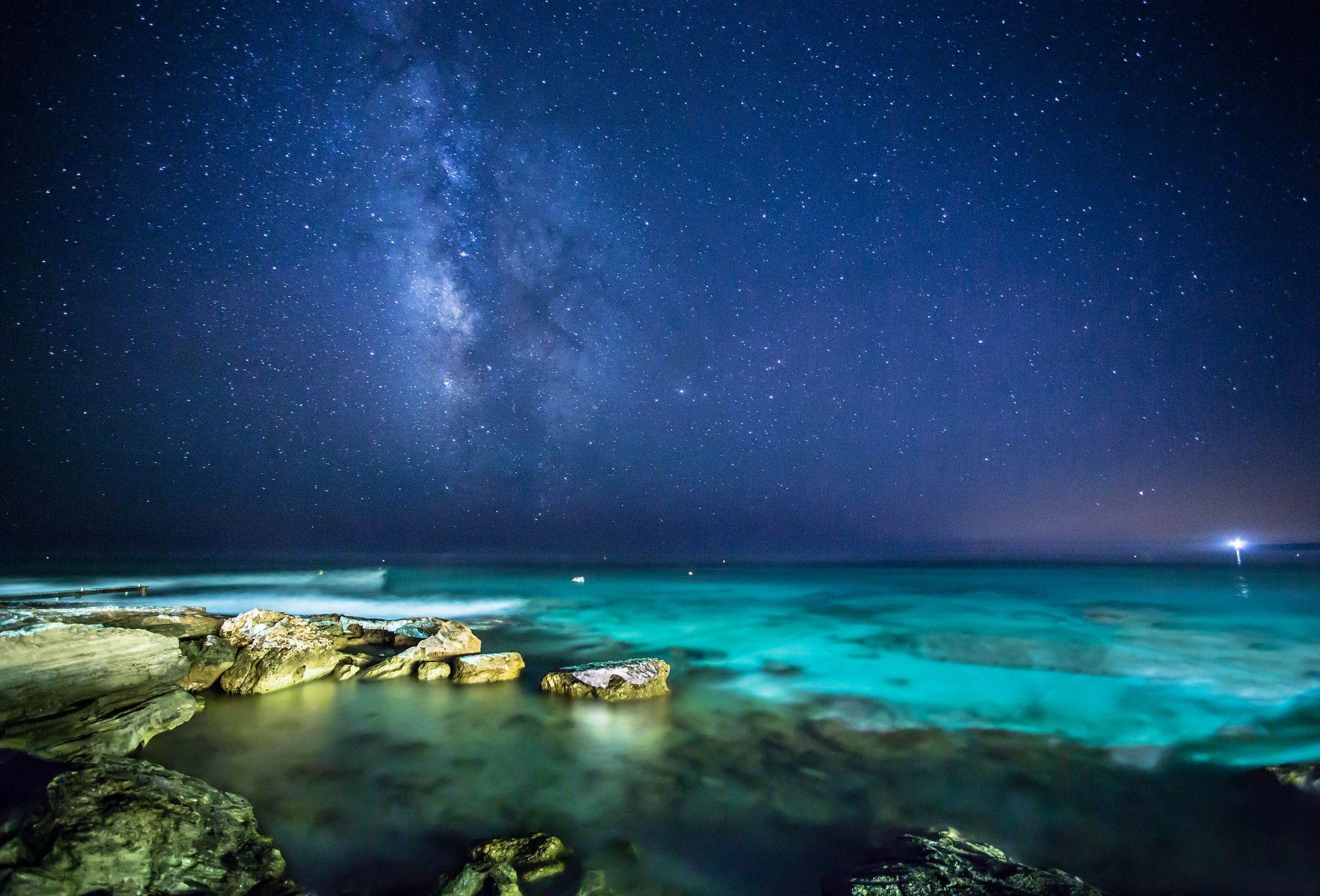 Sea Wallpaper, stones, night, sky, stars, the Milky Way