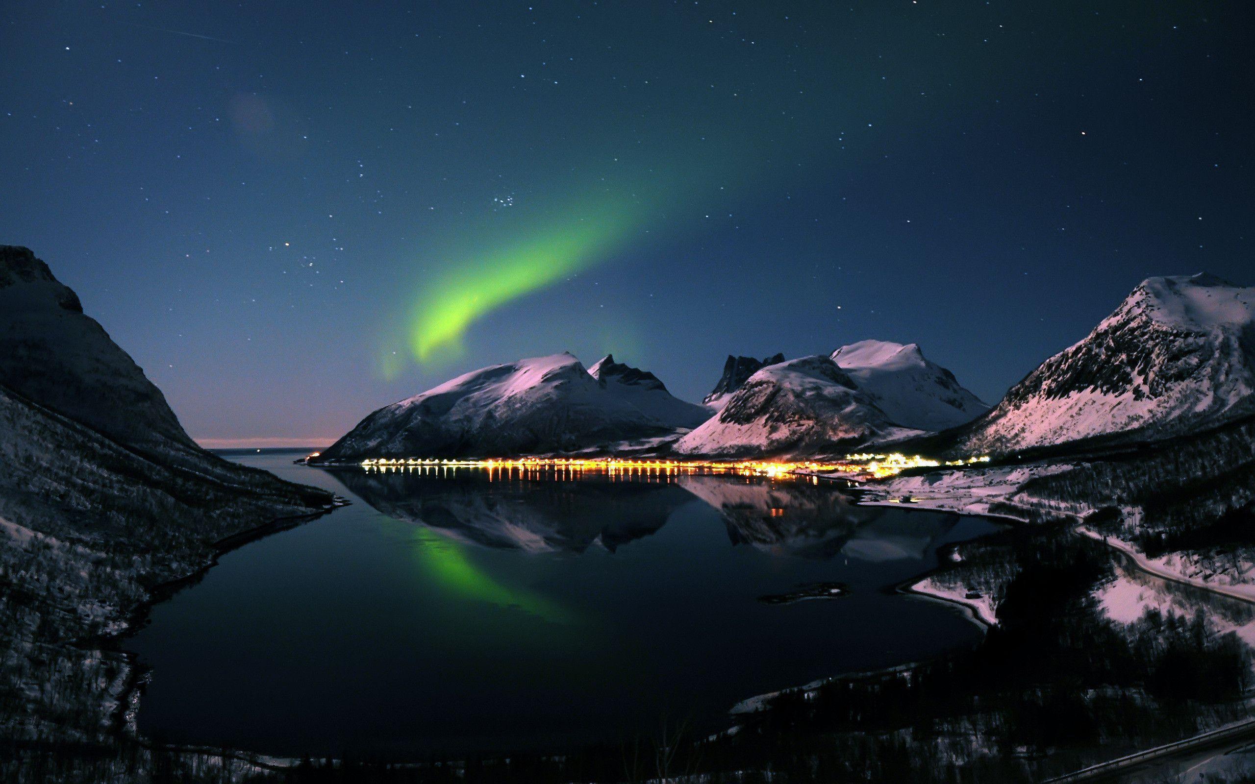 Northern lights, aurora, night, winter, mountains, nature. Free