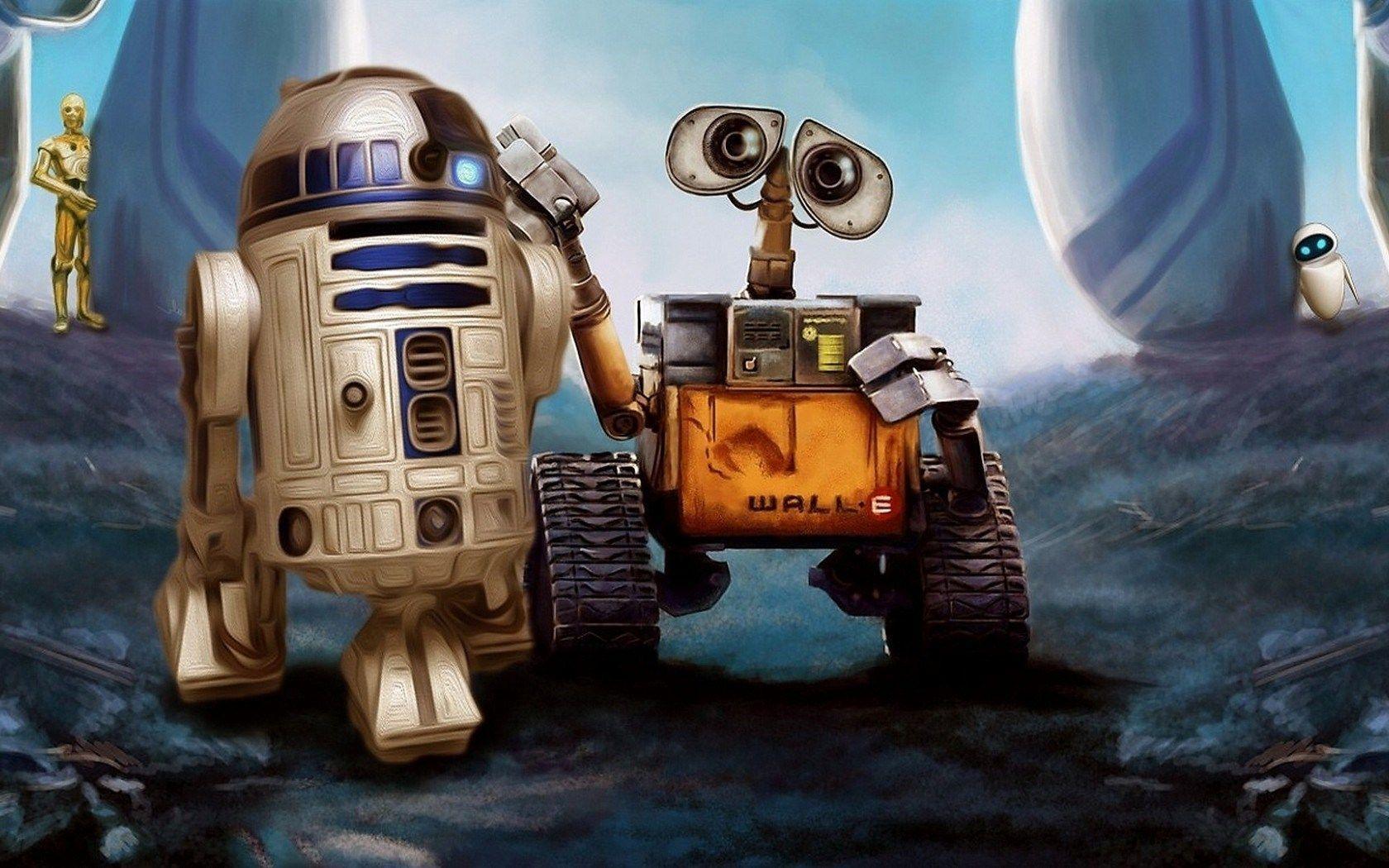 Wall E R2 D2 Star Wars Robots Cartoon Art HD Wallpaper