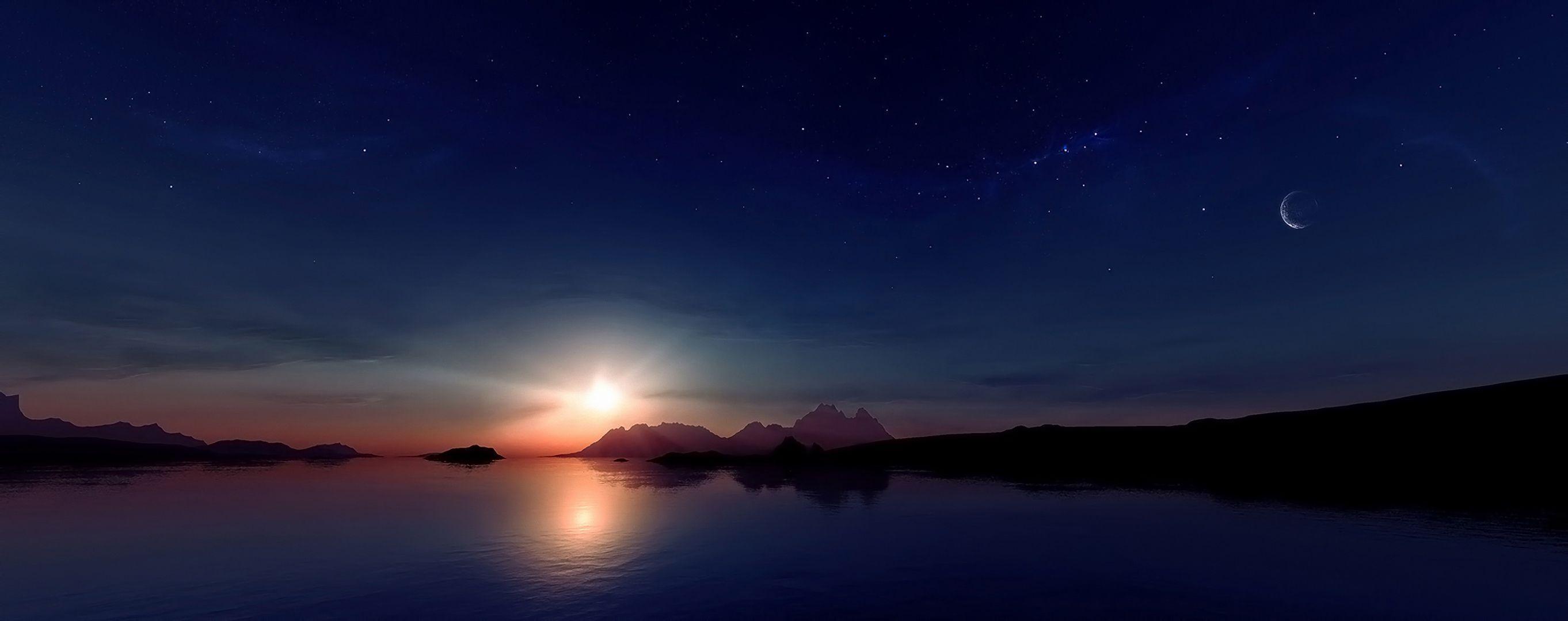 Wallpaper the sun, sunset, mountains, moon, stars, reflection, sun