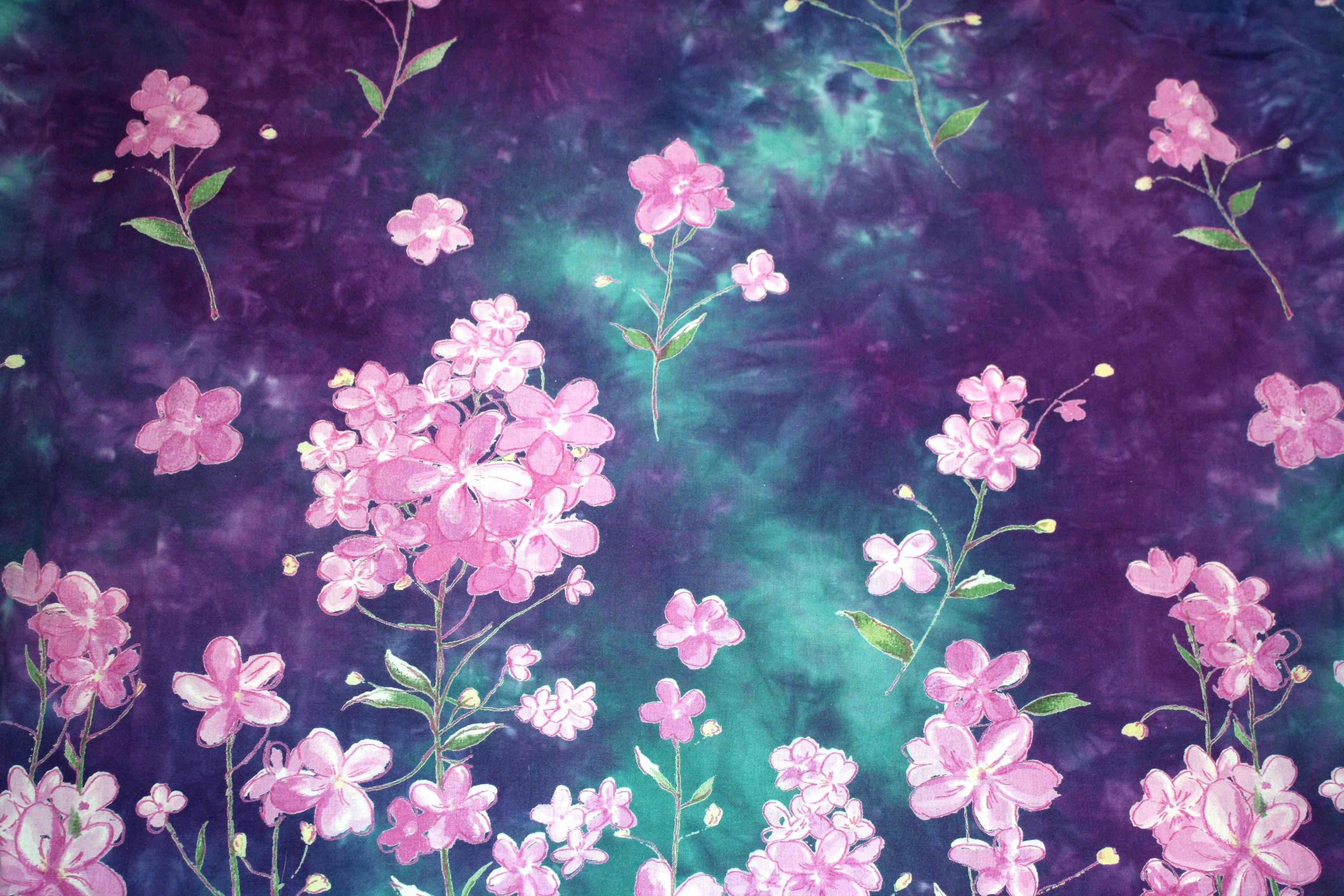 Purple and Green Batik Fabric Texture with Flowers Picture. Free