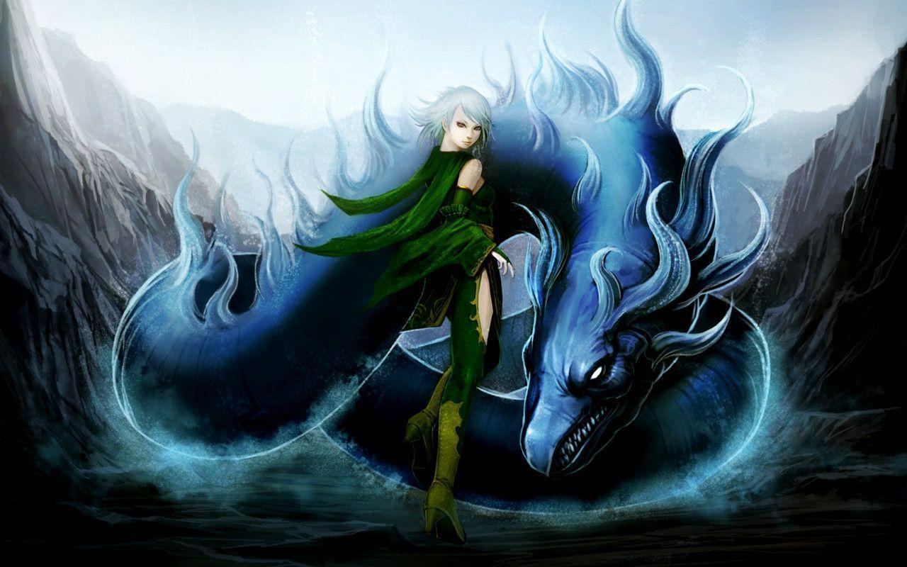Girl with water dragon, Desktop and mobile wallpaper