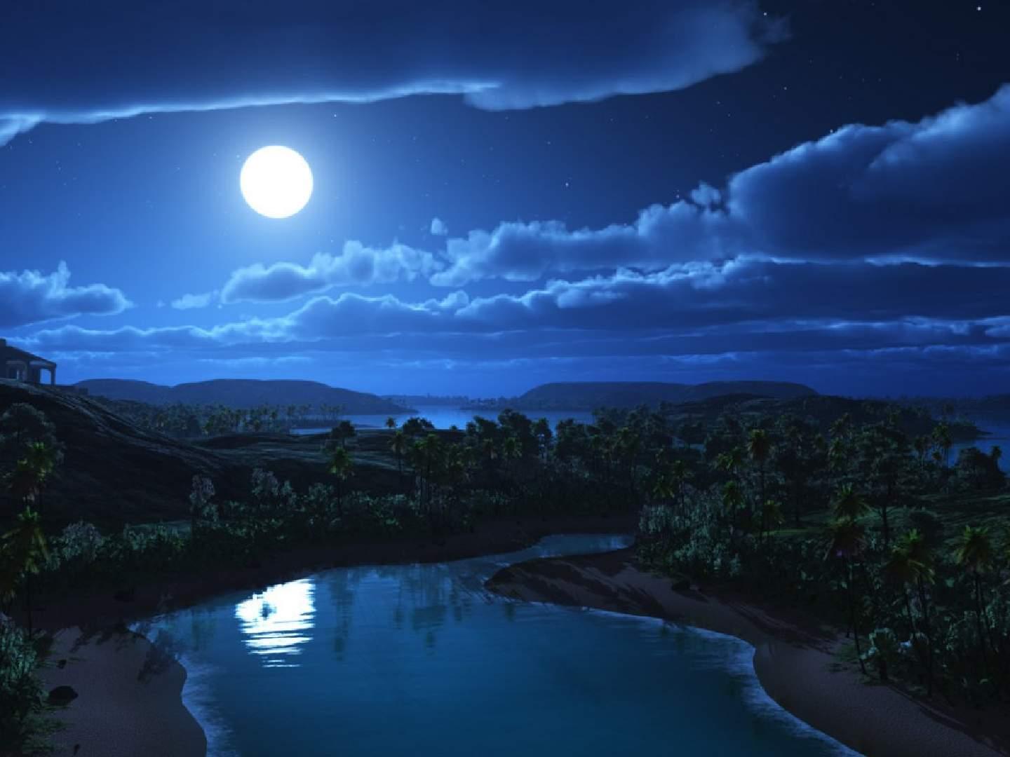 Night sky scenic wallpaper moonlight over pond free desktop