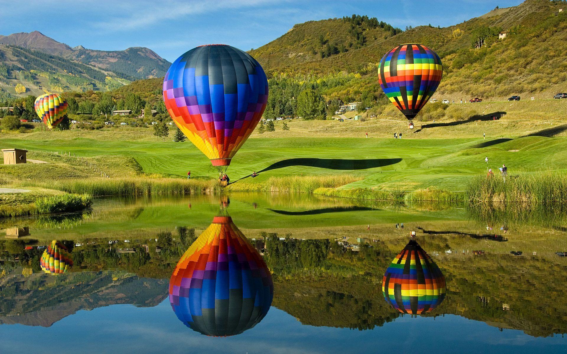 Hot Air Balloons Lake Reflection Wallpaper Wide or HD. Nature