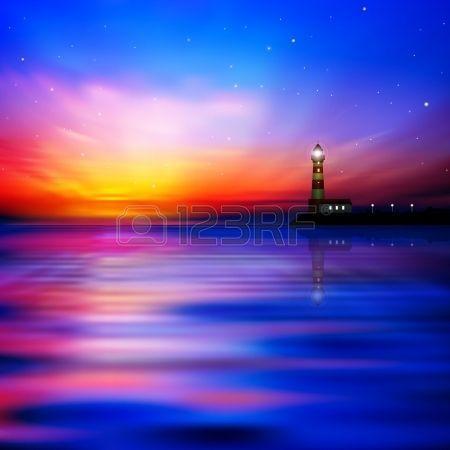 Abstract Nature Background With Red Sunrise And Lighthouse Royalty