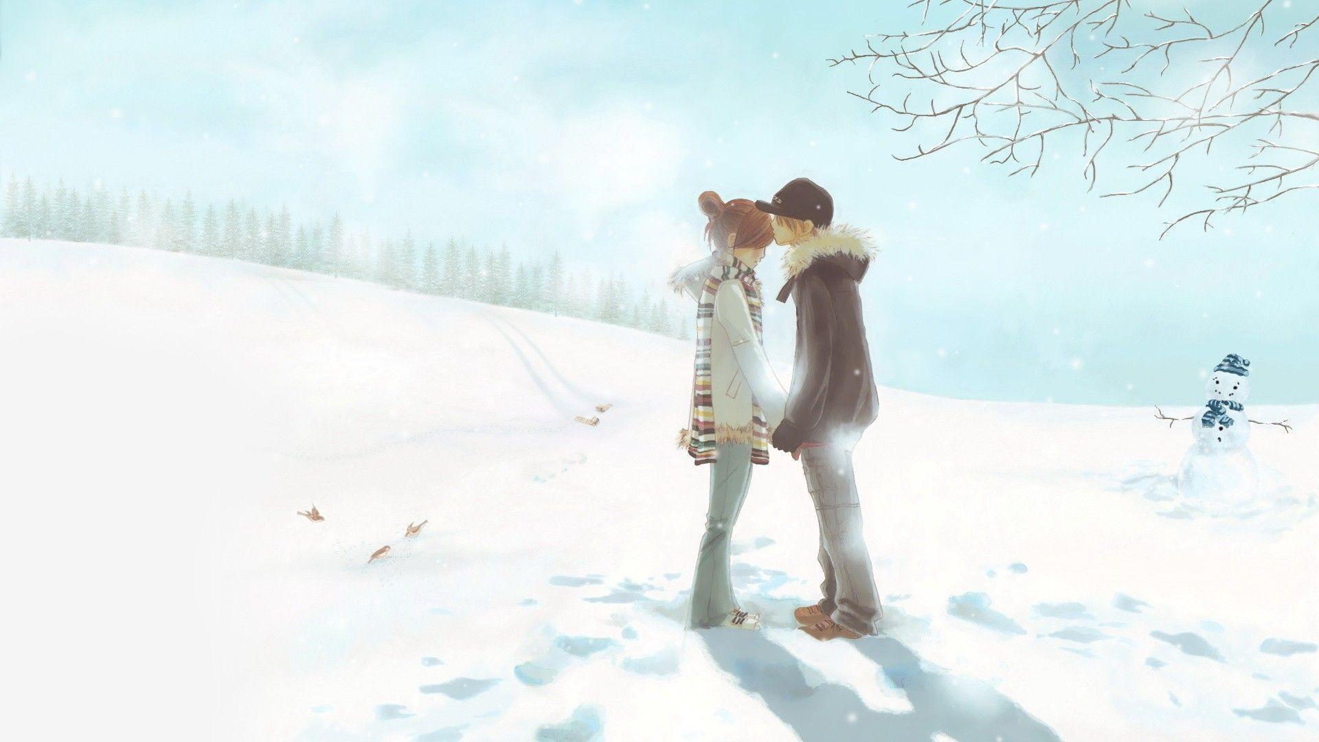 Cute Anime Couple in Winter widescreen wallpaper. Wide