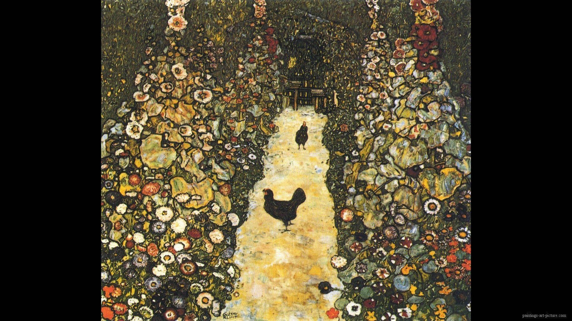 Gustav Klimt Paintings Wallpaper garden path with chickens 1