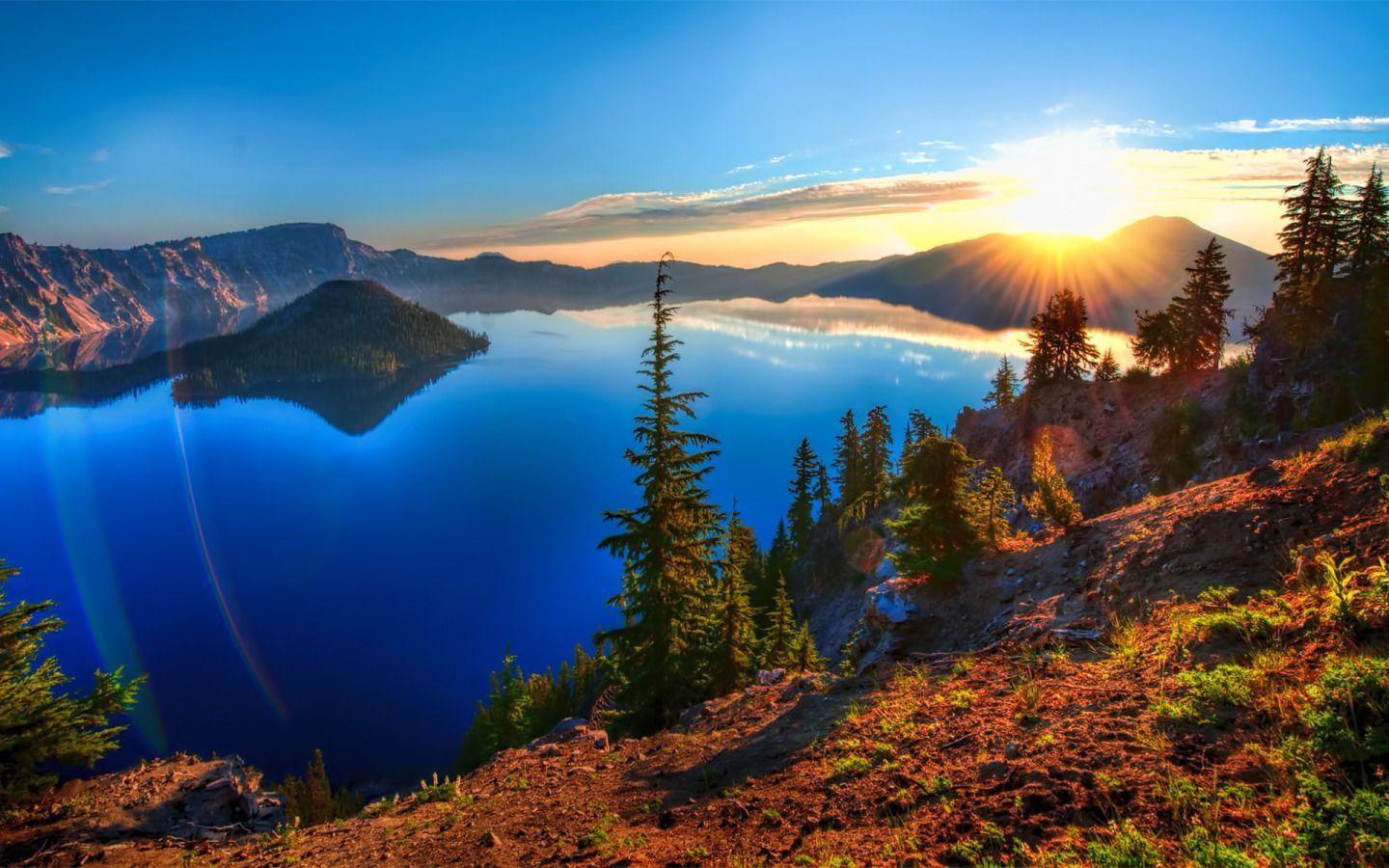 Beautiful Sunrise over Crater Lake widescreen wallpaper. Wide