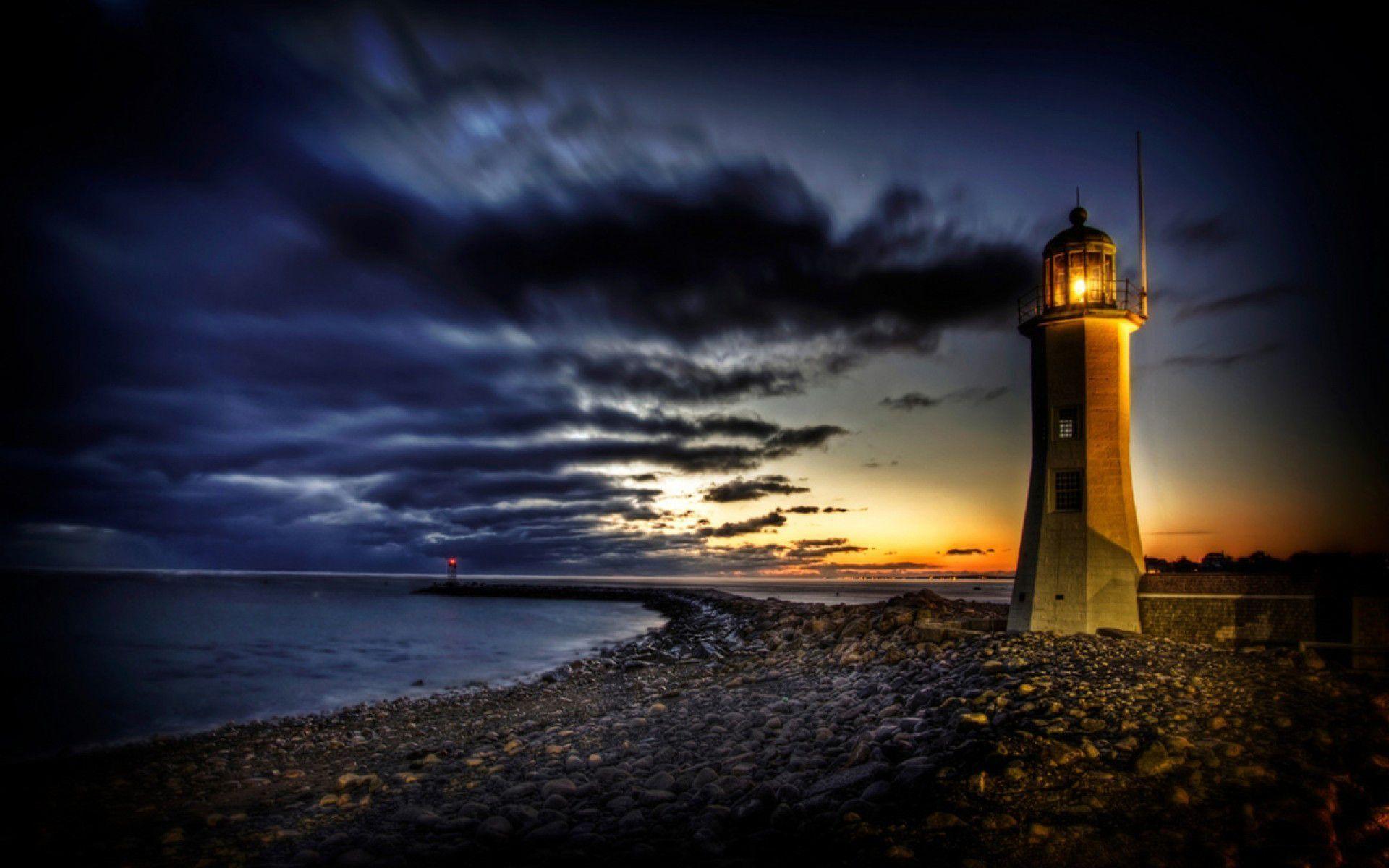 HD Lighthouse On A Rocky Point Hdr Wallpaper