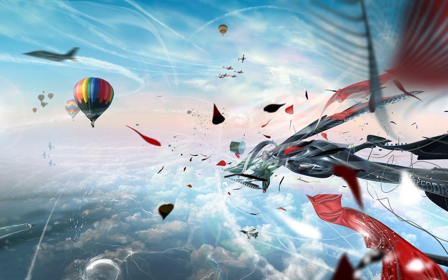 Airplane and balloon desktop PC and Mac wallpaper