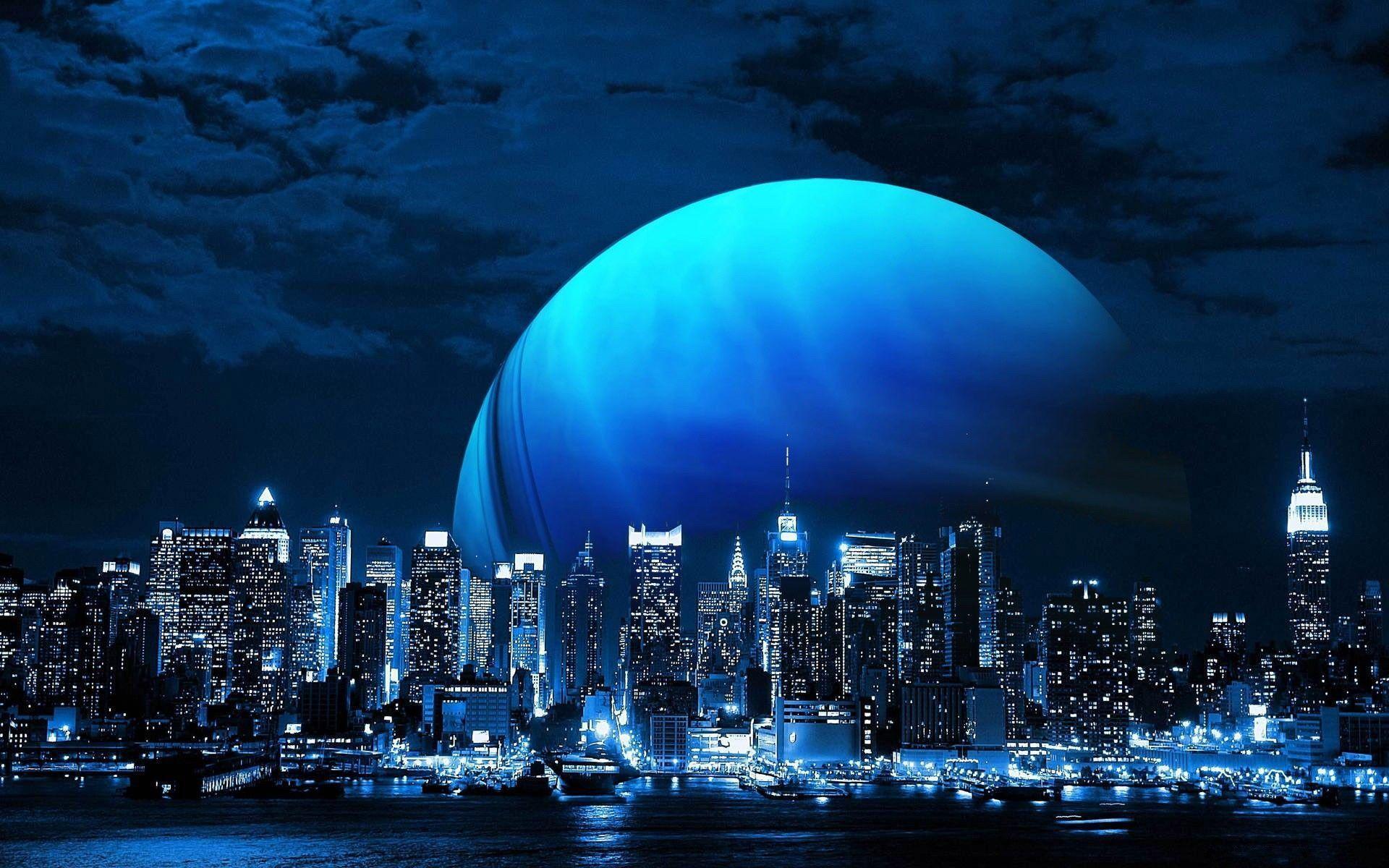 Amazing Blue Moon City Wallpaper