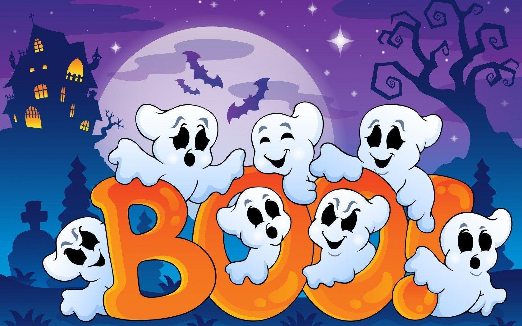 Halloween Funny Ghosts Creepy House Bats Boo Full Moon Art Vector