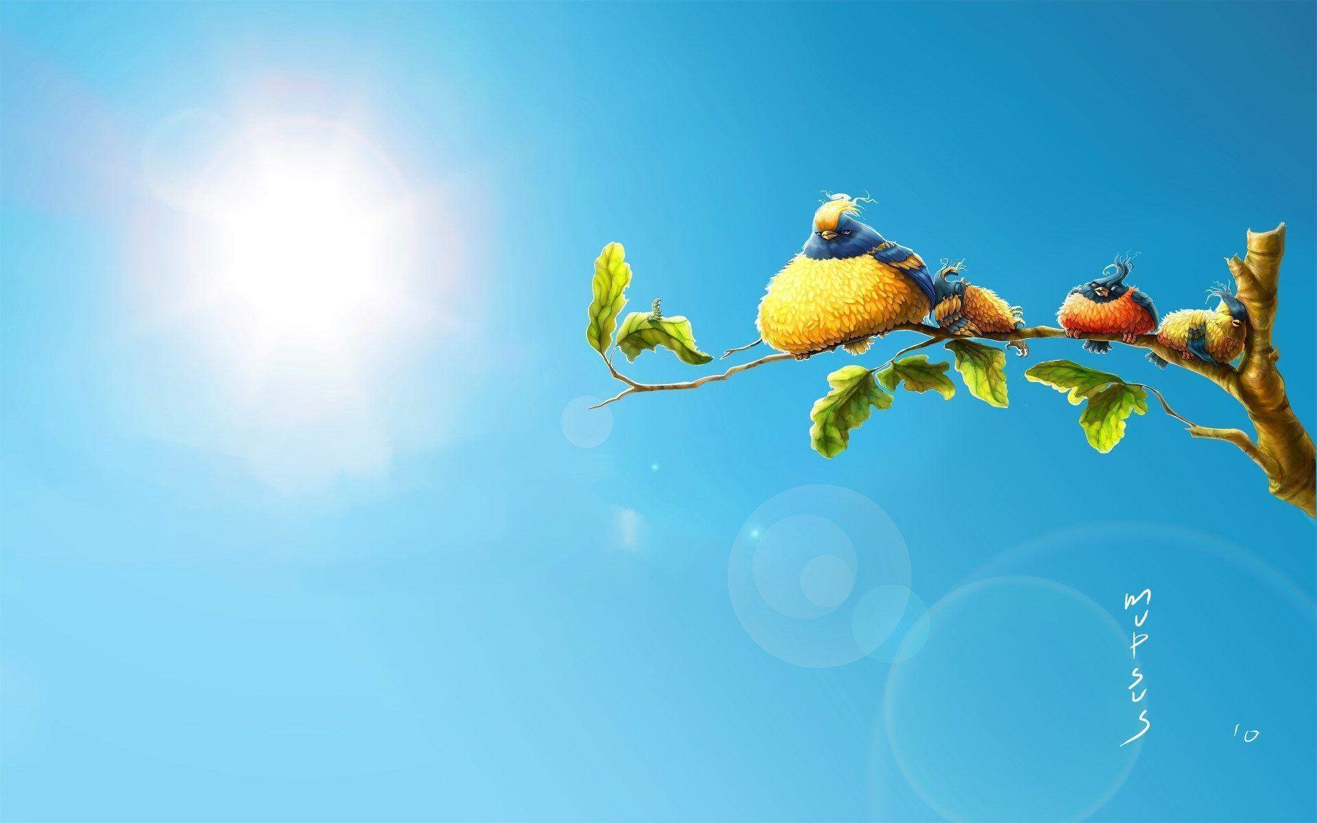 Plump Birds Branch Sun Art Cartoon HD Wallpaper
