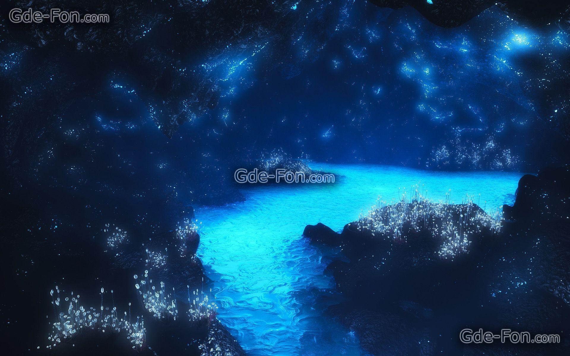 Download wallpaper Blue River, neon light, Flowers free desktop