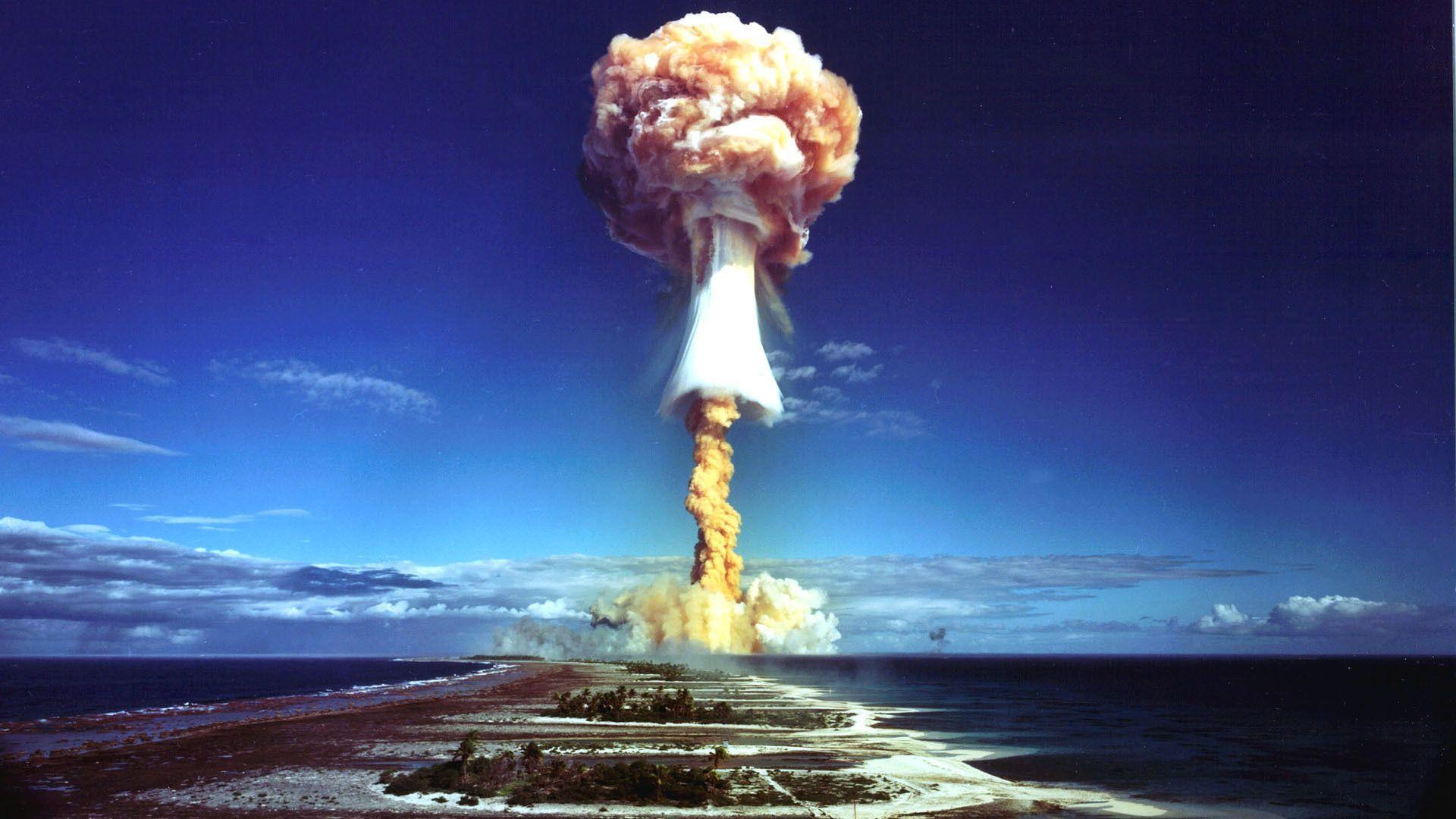 Sea bomb atomic landscape ocean nuclear islands sky clouds