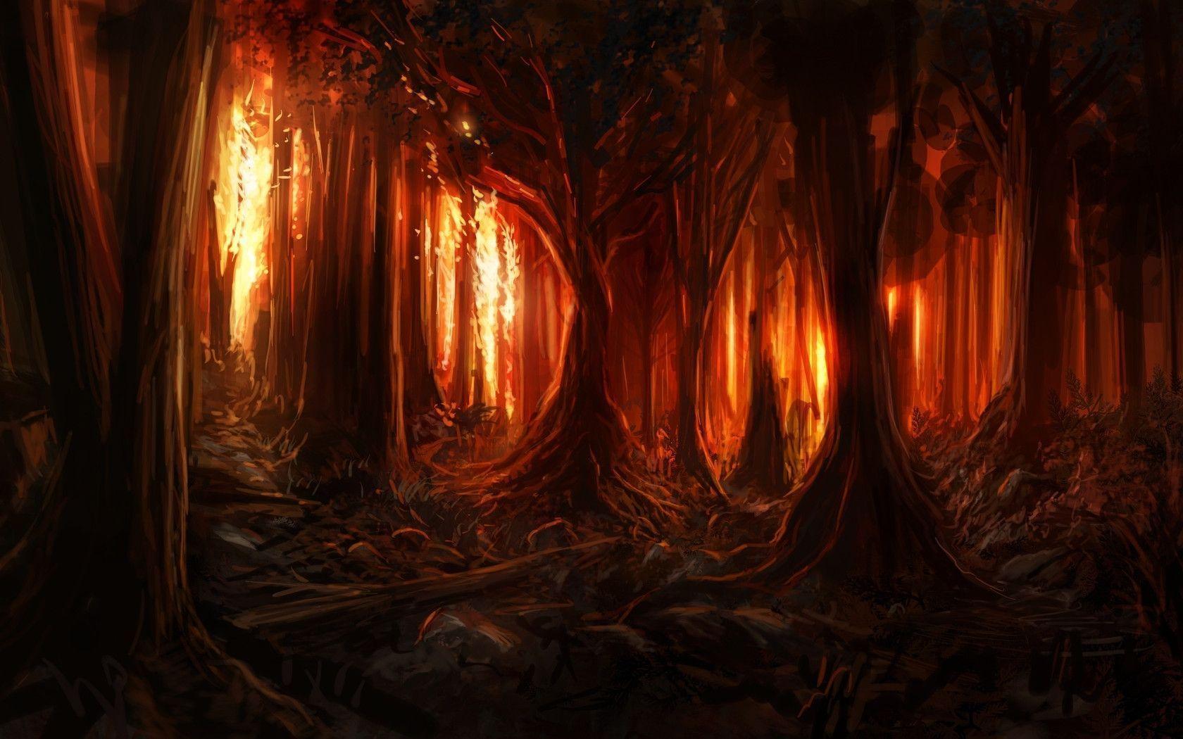 Download wallpaper forest, Trees, fire, fire free desktop
