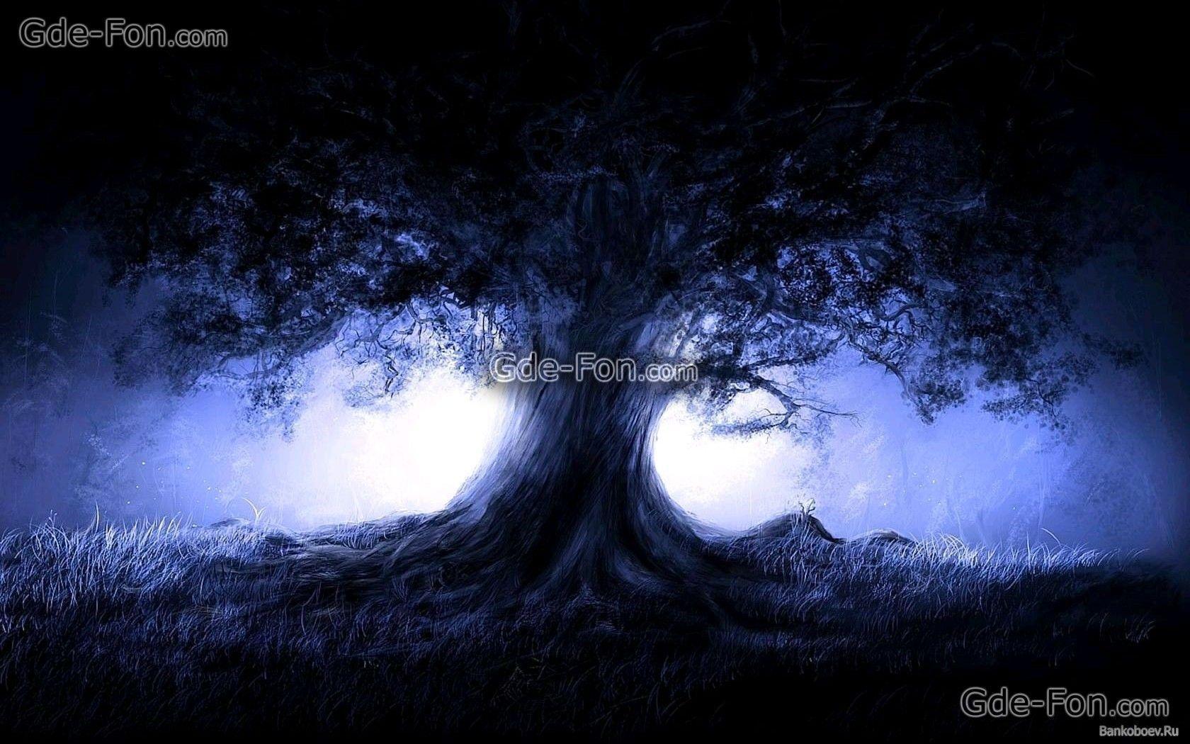 Download wallpaper fantastic tree, purple background, light, moon