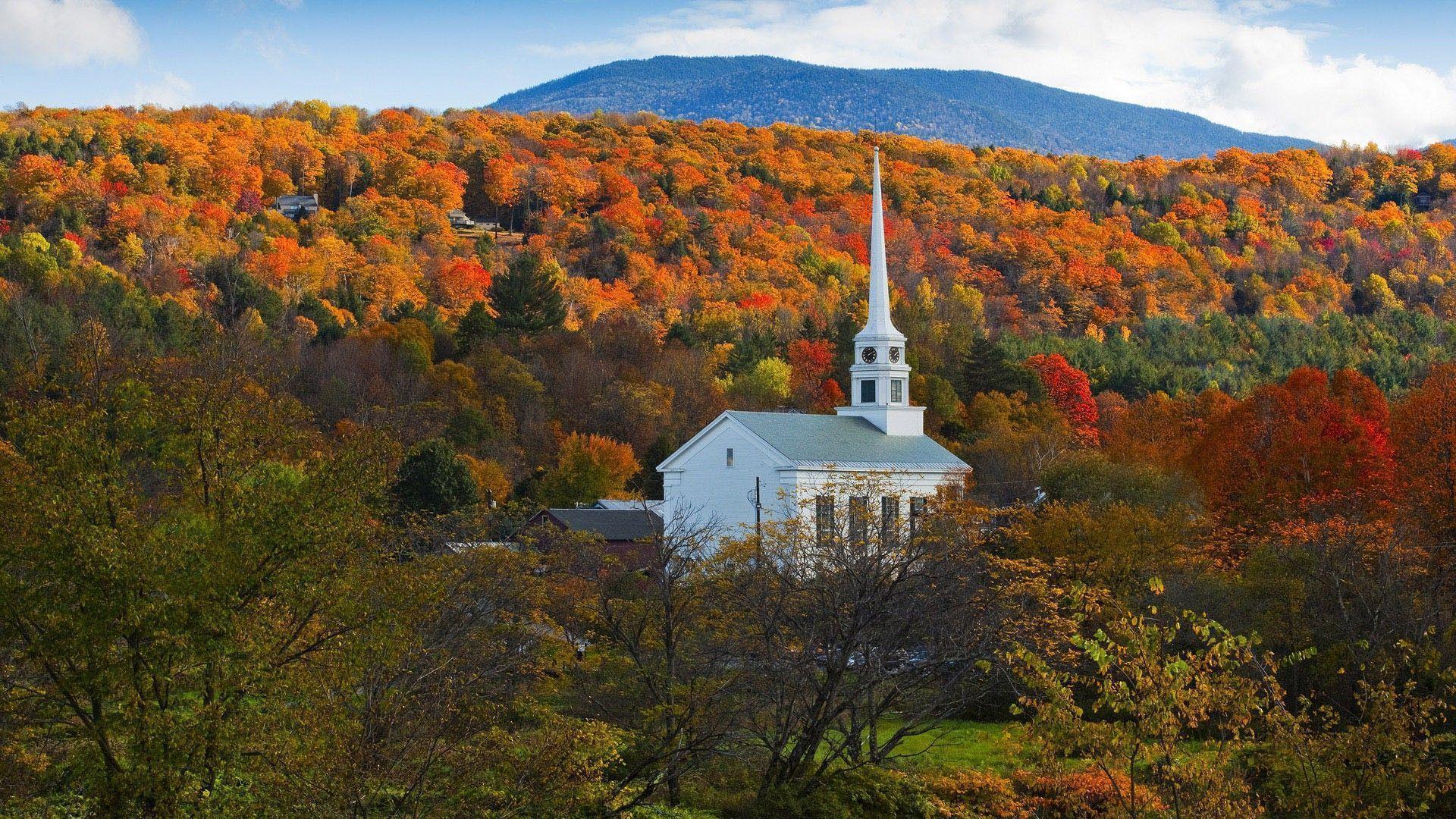 White Church and Autumn Scenery Wallpaper