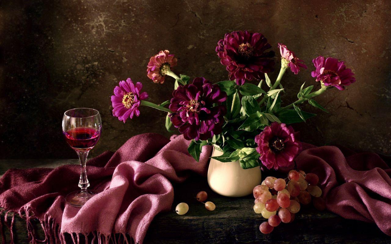 Flowers And Wine Still Life Photography Wallpaper Background