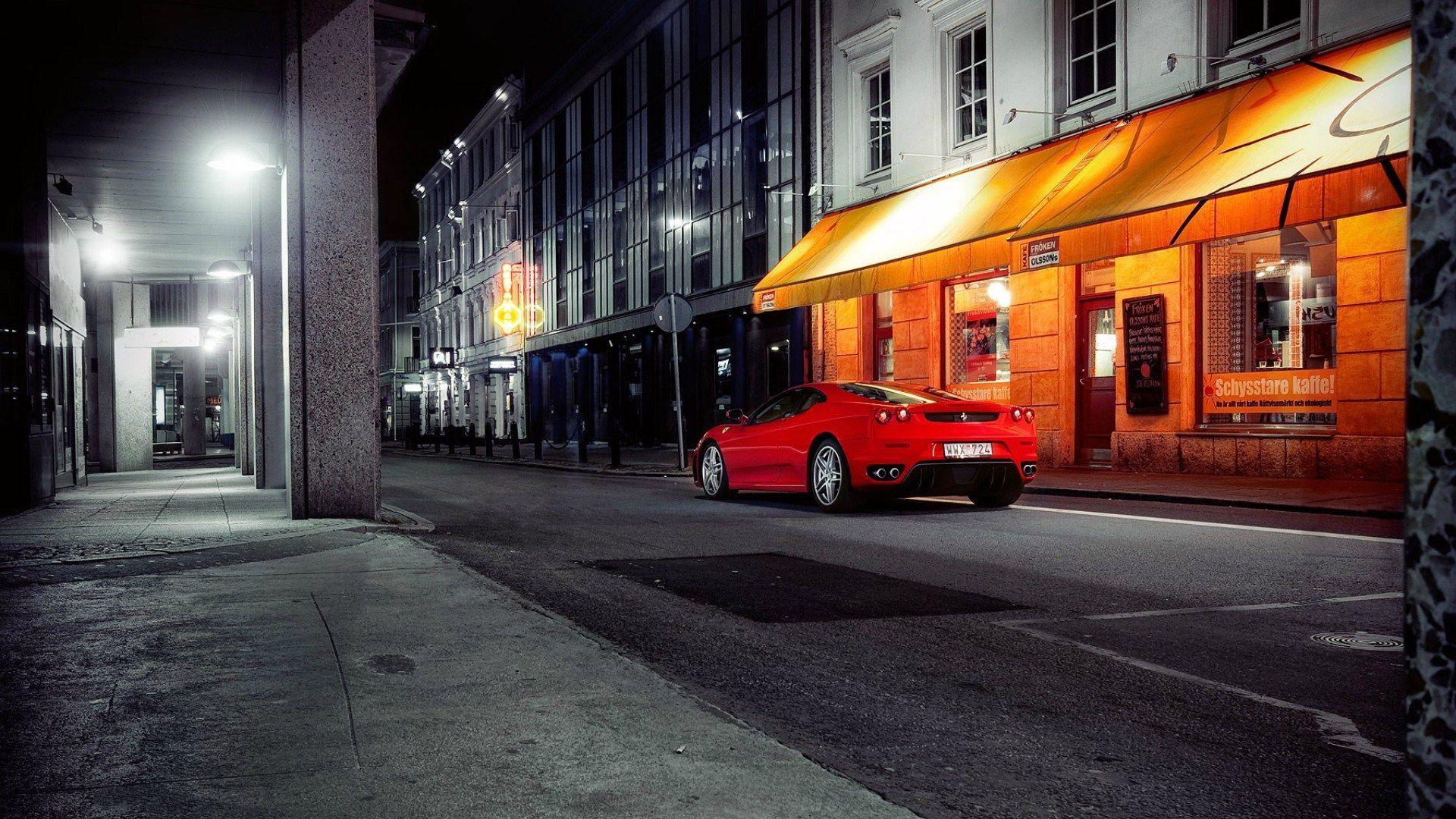 berlin ferrari f430 red city night street wide HD wallpaper